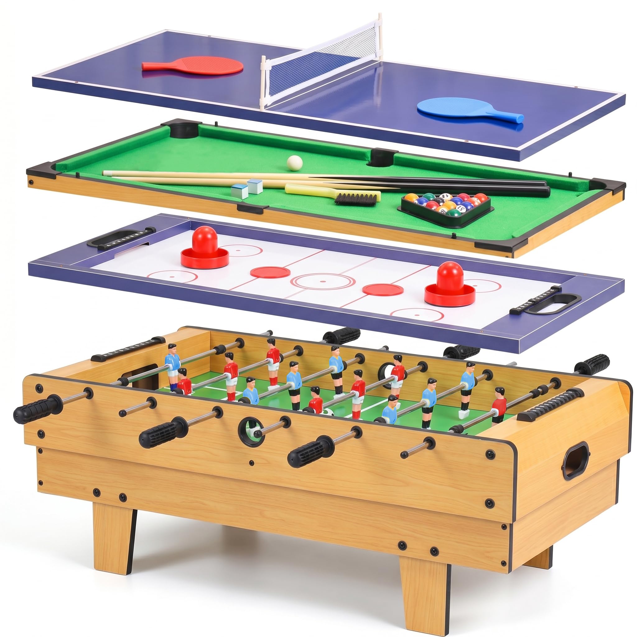 4 in 1 Combo Game Table, Multi Game Table Set with Billiards, Table Hockey, Table Tennis and Foosball, Complete Accessories for Home, Game Room & Family Activities
