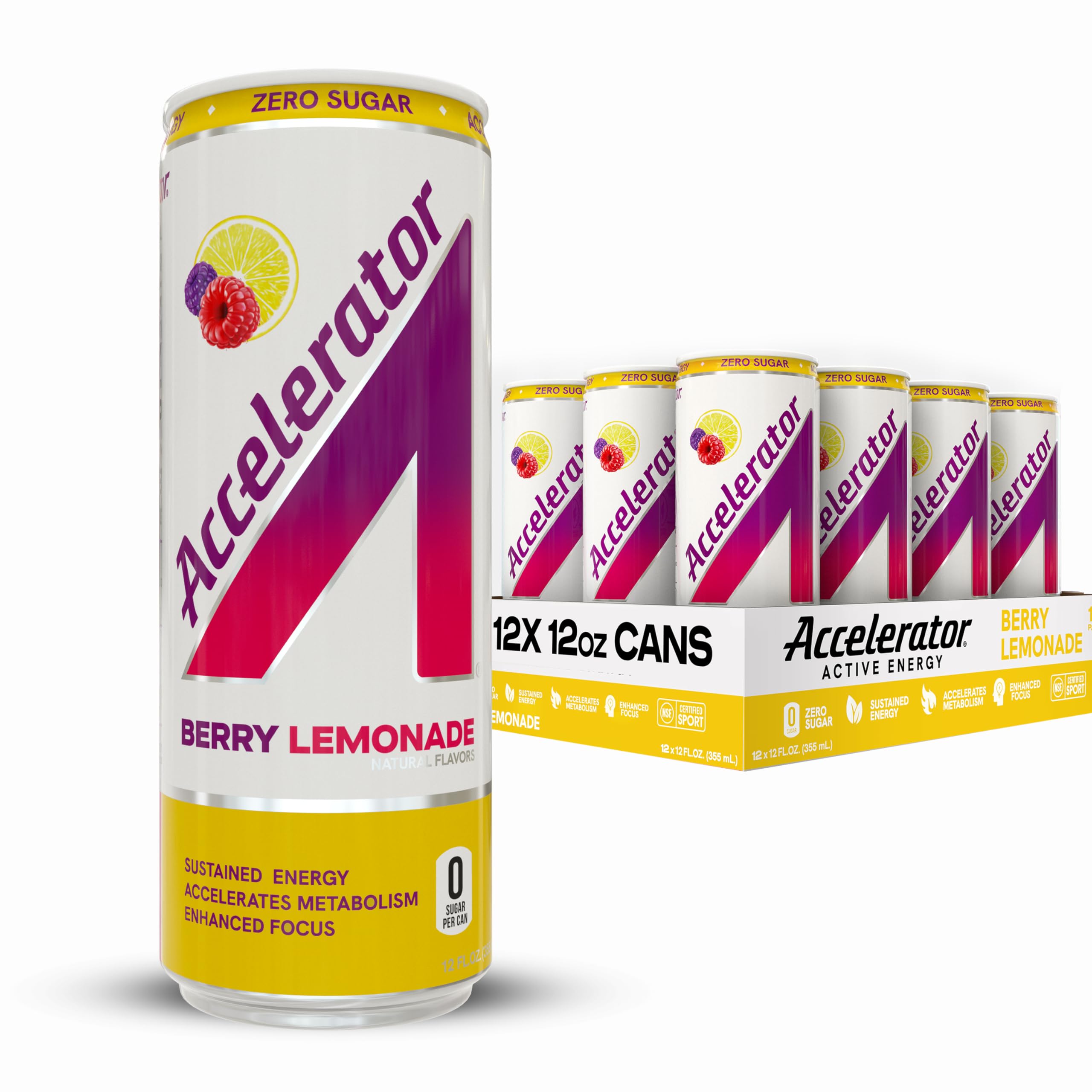 Accelerator Energy Drink Sugar Free, Berry Lemonade 12oz can(12 pack),Zero Sugar Energy Drinks with Sustained Energy from 100% Natural Caffeine (200mg) & Green Tea extract