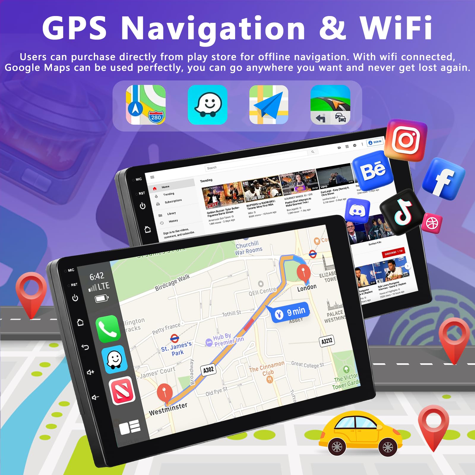 6+128G Motorsi Carplay Android Auto 2Din Car Stéréo avec GPS Navi WiFi, 9 Pouces Écran Tactile Poste Radio Voiture, Android 13 Autoradio Support MirrorLink/Bluetooth/FM/AUX/EQ/RDS/SWC Autoradio + MIC