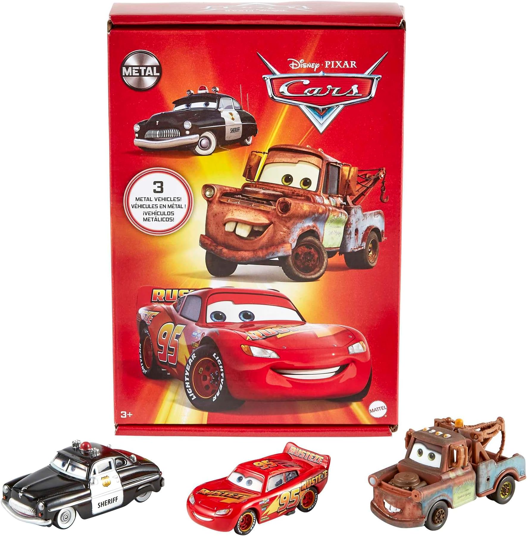 Disney and Pixar Cars Toys, Radiator Springs 3-Pack of Die-cast Toy Cars & Trucks with Lightning McQueen, Mater & Sheriff
