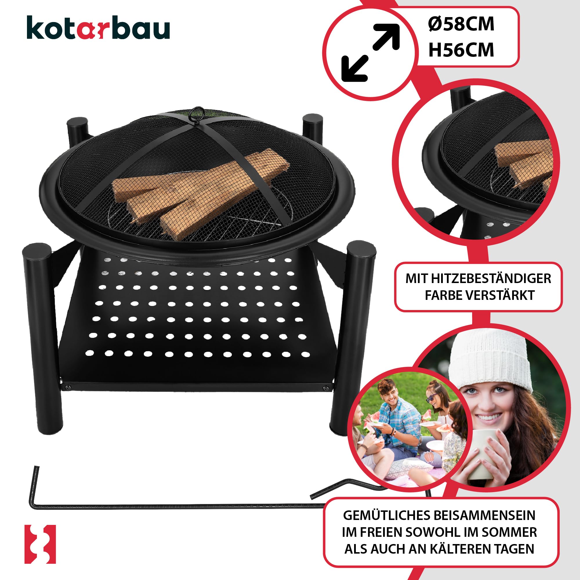 KOTARBAU Braciere Ghisa in Acciaio Nero | Braciere Esterno | Brazero Giardino 58x58x55cm con Conservazione In Legno