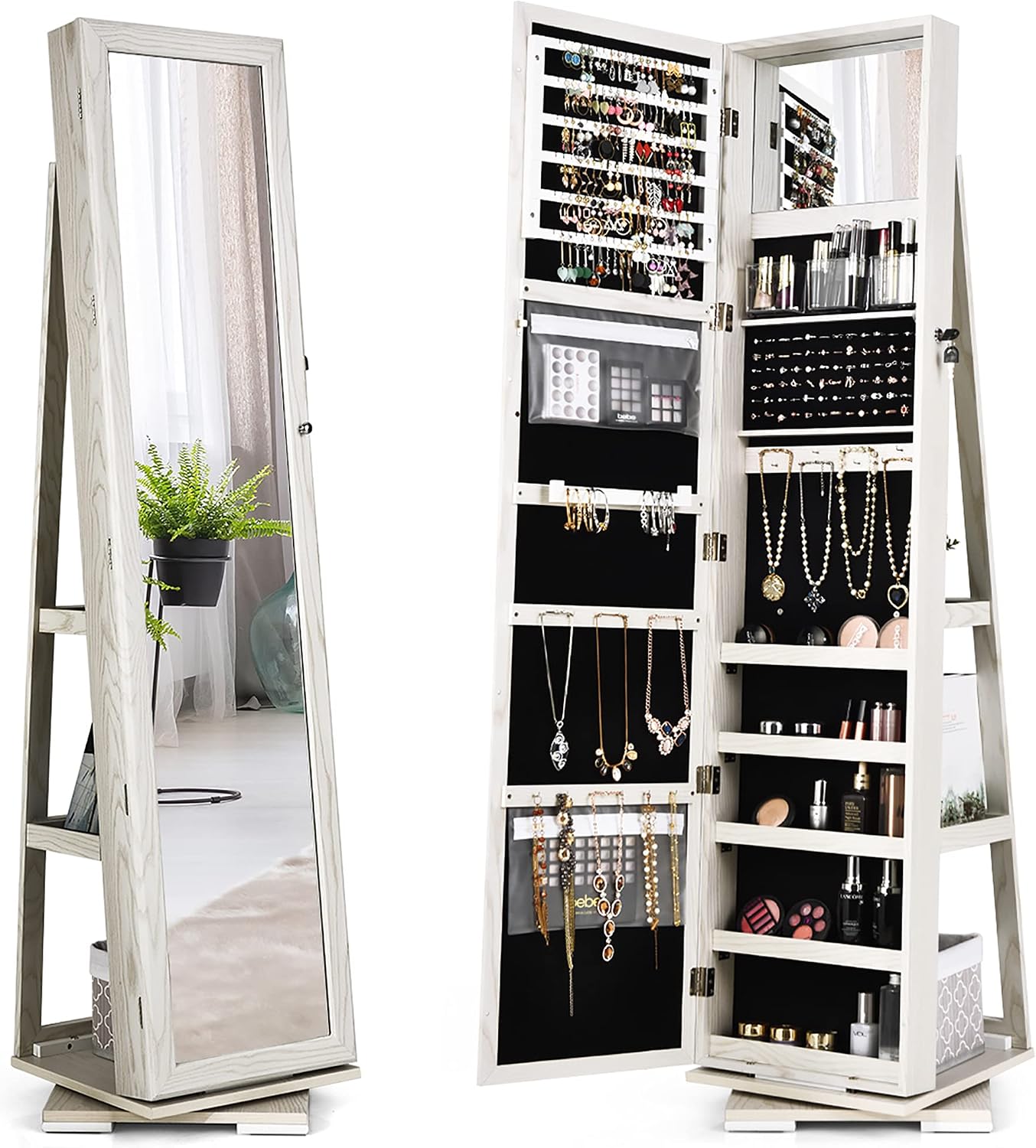 DORTALA 360 Rotating MirroredJewelry Cabinet, 2-in-1 Lockable Large Capacity Jewelry Organizer, Inside Makeup Mirror, 78 Ring Slots, 24 Necklace Hooks, 120 Earring Slots, White