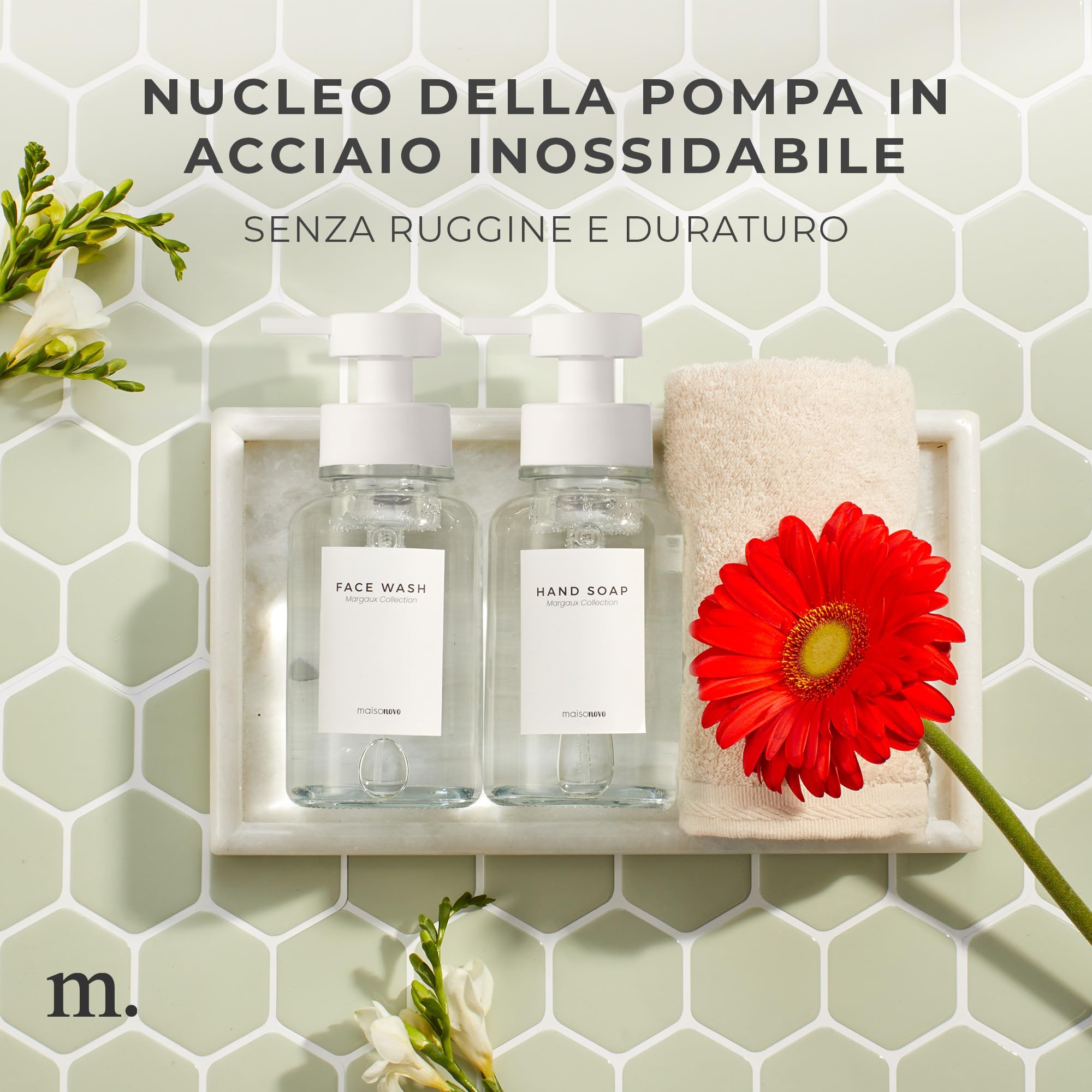 MaisoNovo Dispenser di sapone schiumogeno in vetro da 400 ml | Dosatori in plastica bianca e vetro trasparente x 2 | Dispenser Sapone Schiuma