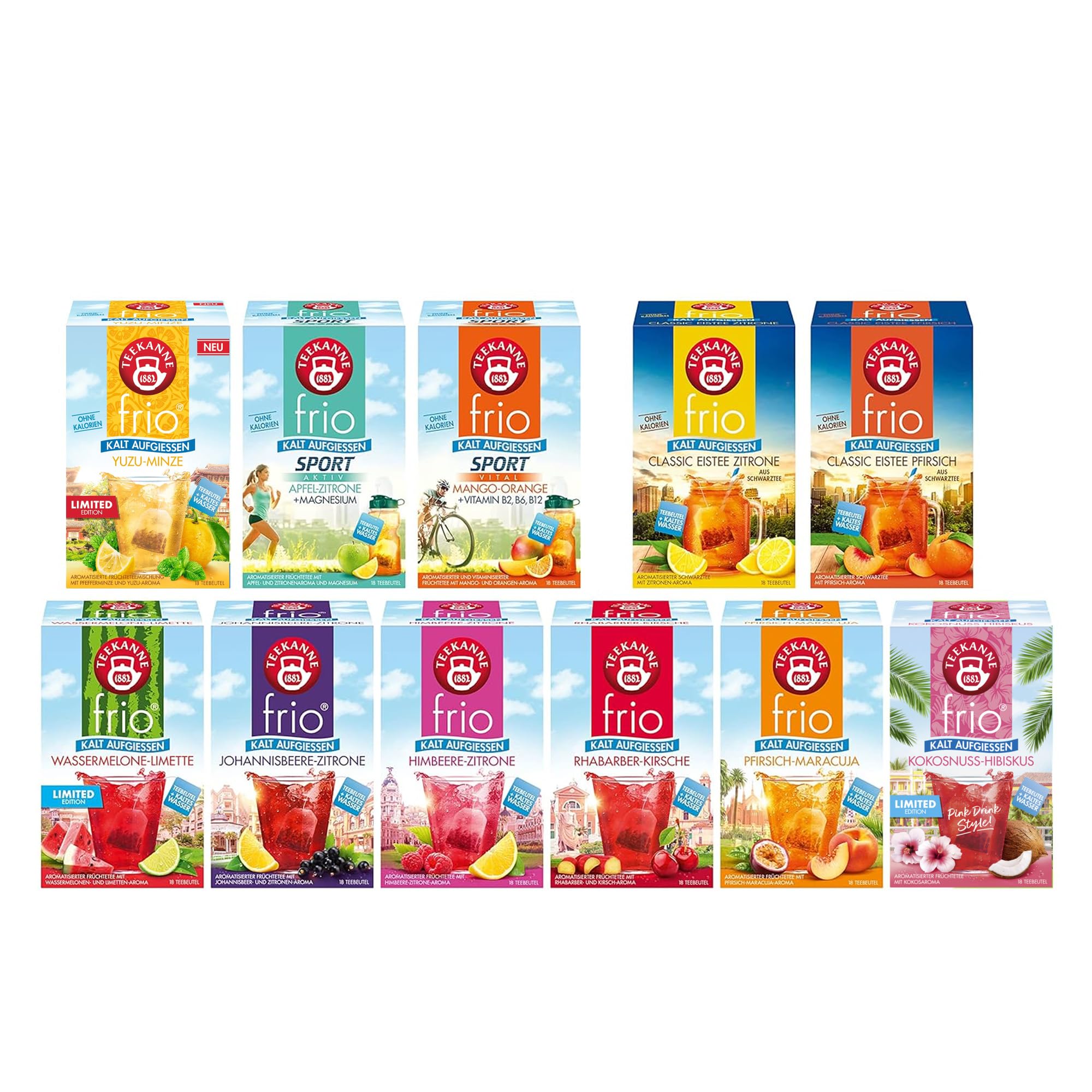 Teekanne frio - 11er Pack - alle Sorten inkl. neue Sorten Wassermelone-Limette, Johannisbeere-Zitrone, Yuzu Minze (je 45g) - Zuckerfreier Genuss - Voller Geschmack ohne Zucker - Kalorienarm | Wassermelone-Limette, Johannisbeere-Zitrone, Yuzu Minze, Zucker