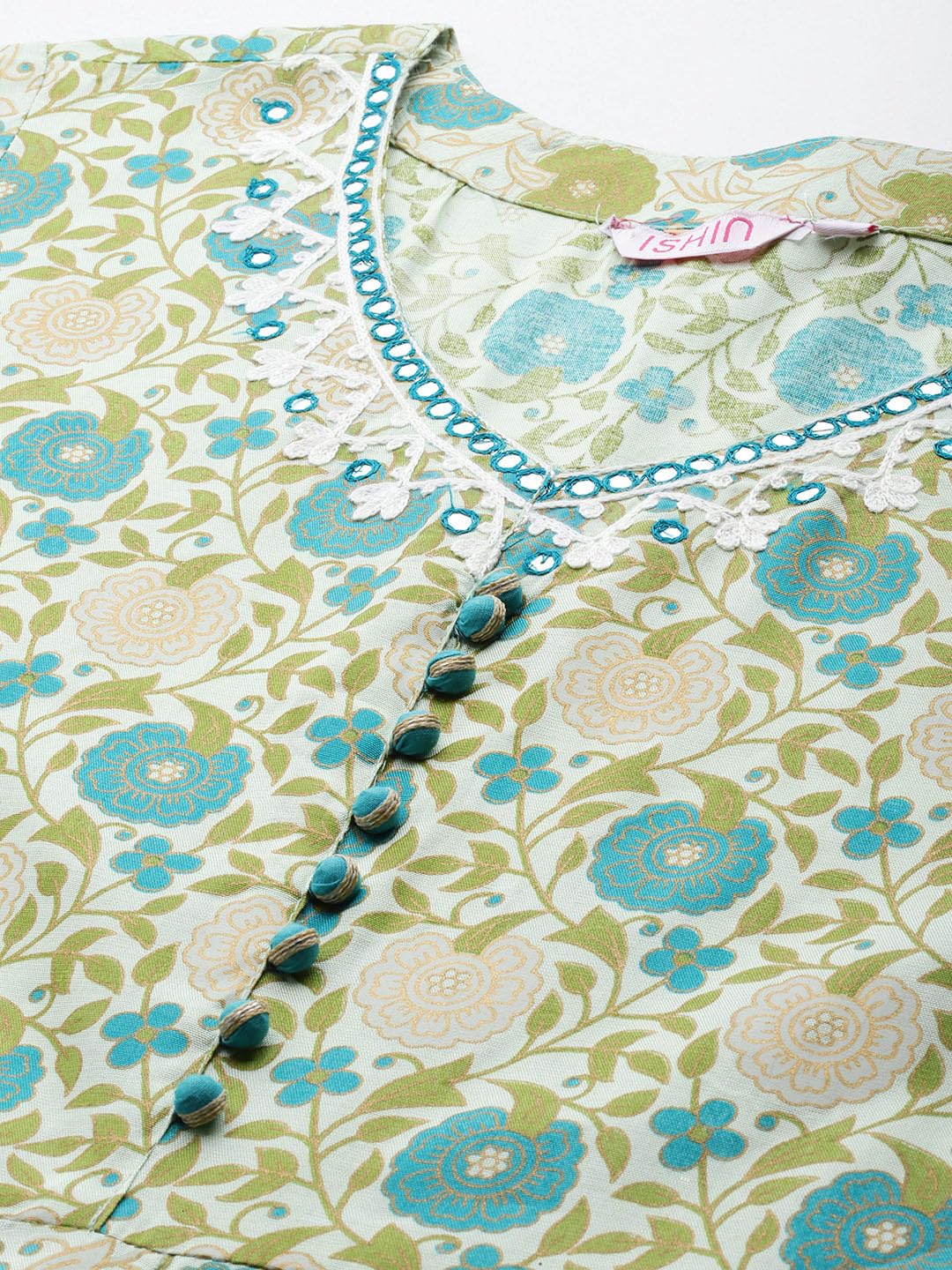 Ishin Women's Viscose Rayon Floral Printed Green Anarkali Kurta Suit Set With Dupatta