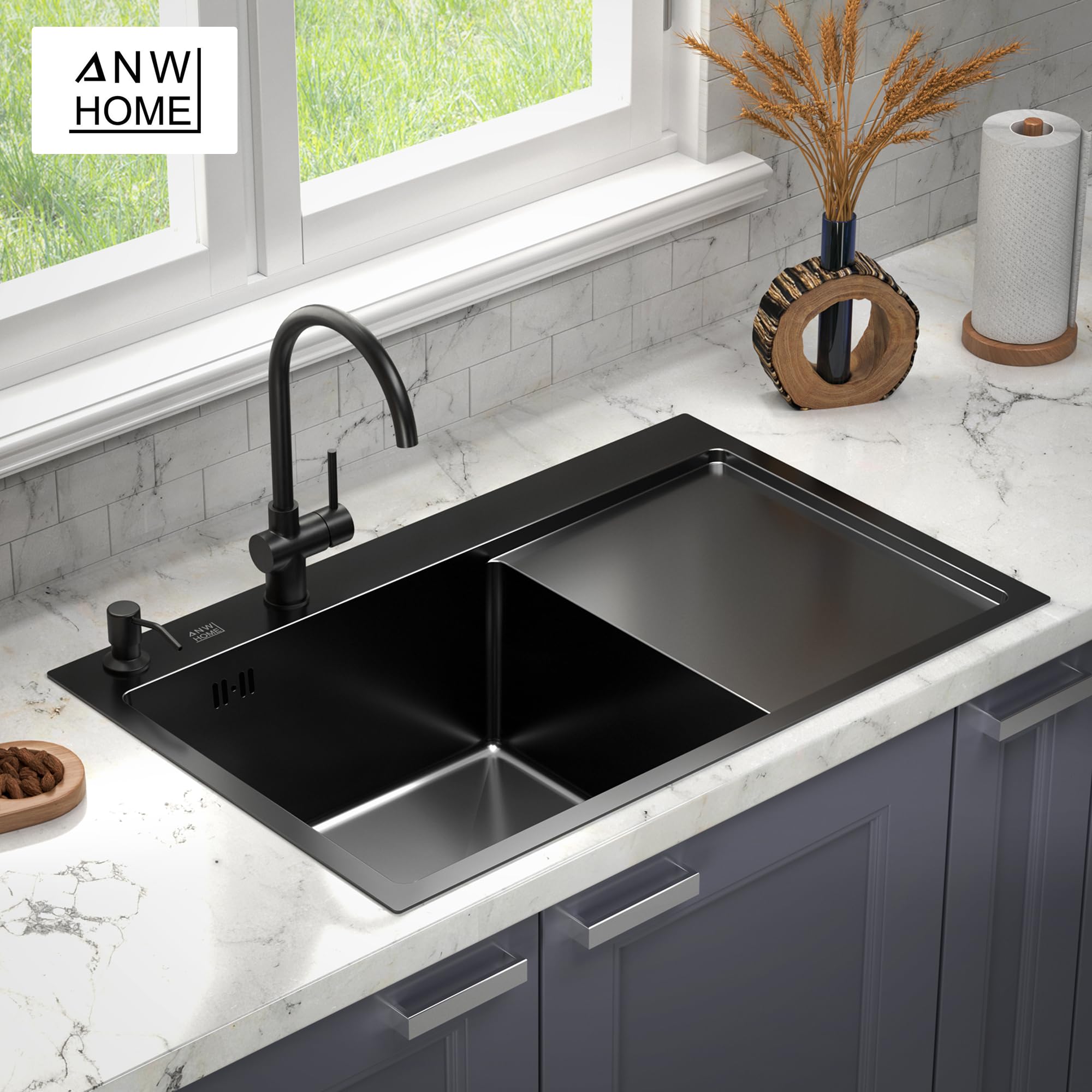 ANW HOME Fregadero Cocina 1 Seno Sobre Encimera con Escurridor, Acero Inoxidable 304, 78x50 cm, Grafito PVD, Acabado con Nano-Revestimiento, Grosor 3.0+1 mm, 22 cm, con Sifón, Dosificador y Cesta