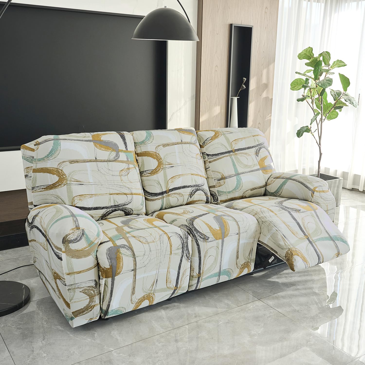 HOKIPO 'Elira Series' Polyester Blend 140Gsm Stretchable Recliner Sofa Cover 3 Seater, Parchement Beige Abstract Art (Ar-4942-C6)