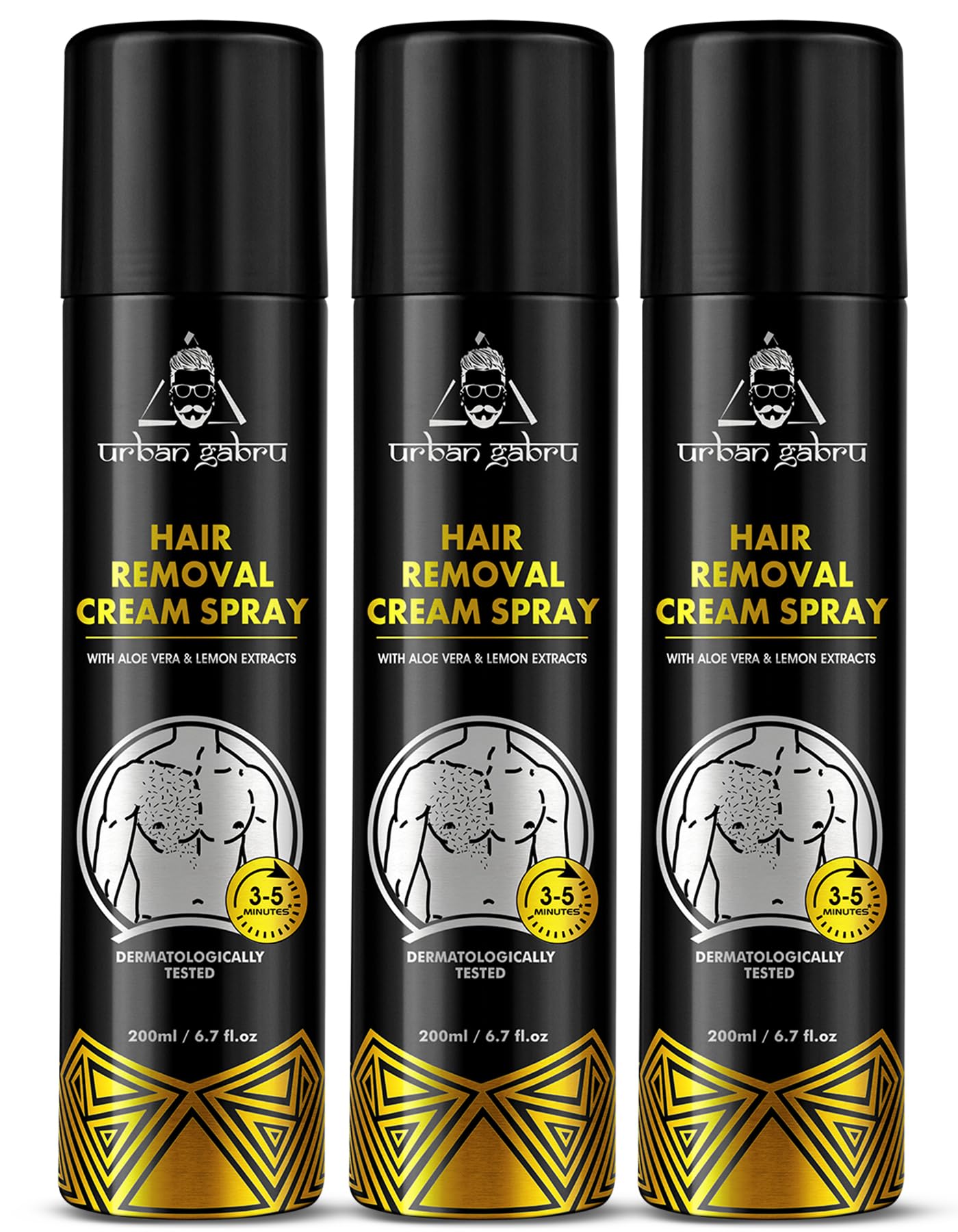 urbangabru Men Hair Removal Cream Spray (200 Ml x 3) Painless Body Hair Removal Cream Spray For Chest, Back, Legs & Under Arm (Pack Of 3, Aloe Vera)