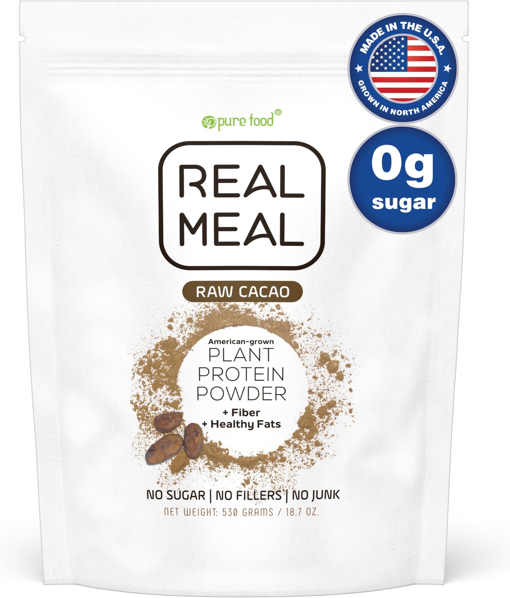 Pure Food Real Meal Vegan Protein Replacement Powder - Organic Plant-Based Gluten-Free Low-Carb High-Fiber No-Sugar Formula - 530 Gram Raw Cacao (Chocolate) Flavor