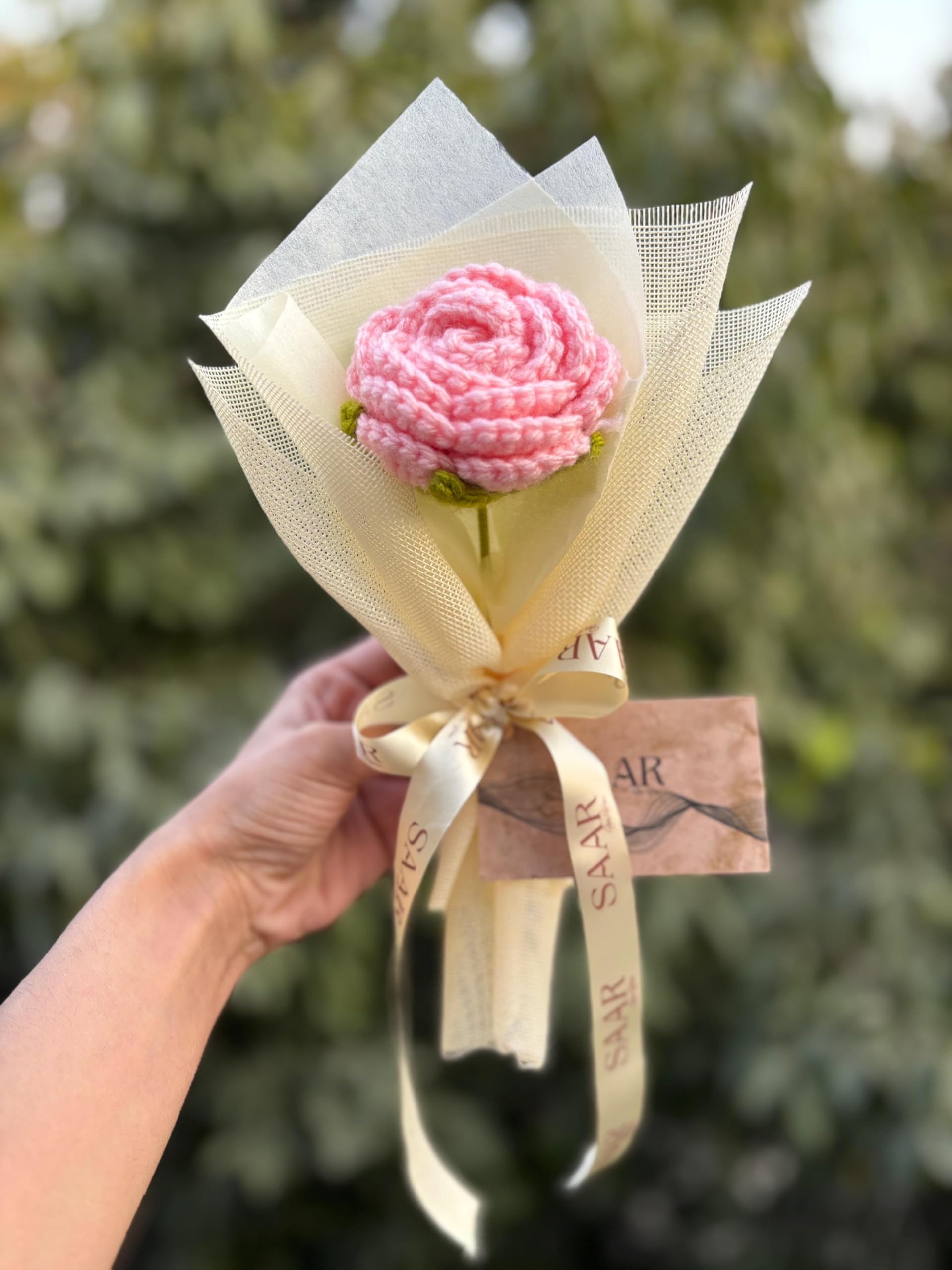 SAAR for You Handcrafted Crochet Pink Rose with Cream Jute Wrap, Yarn Material, Indoor Home Decor and Gifting, 15 x 15 x 10 cm-picture-10