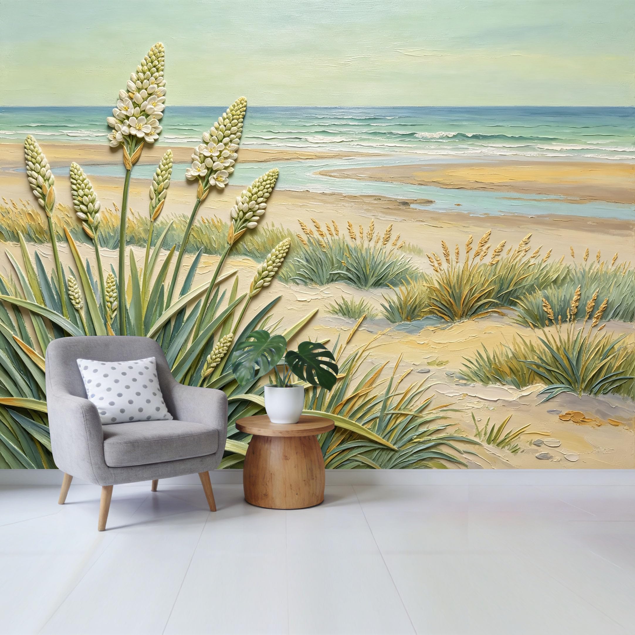 Qzlithotic Yq2605251191 Custom Size Wall Mural Coastal Sandy Beach Ocean View Textured Oil Painting Selfadhesive Wall Fabric Removable Wallpaper For Home Office Decor