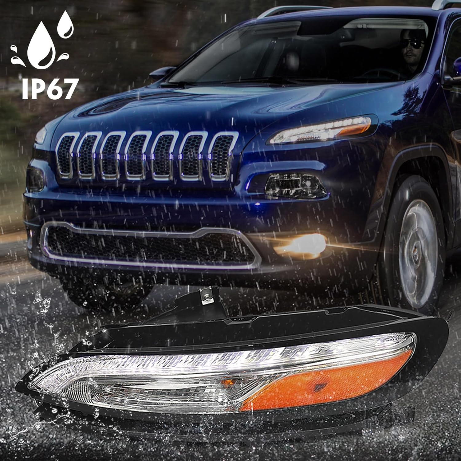 Huray DRL Headlight for Jeep Cherokee 2014-2018 [Day Time Running Light] [Turn Signal Light] [Side Mark Light] OE Replacement (Driver Side (Left))