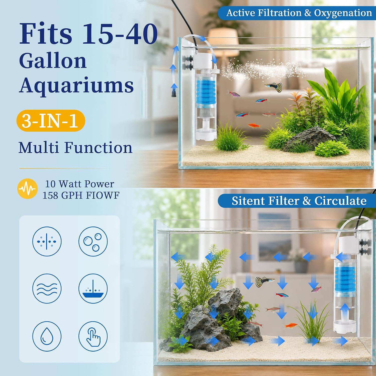 Aquarium Filter, Multi-Functional Water Circulation System 10W | Fish Tank Filter for 15-40 gal Tank