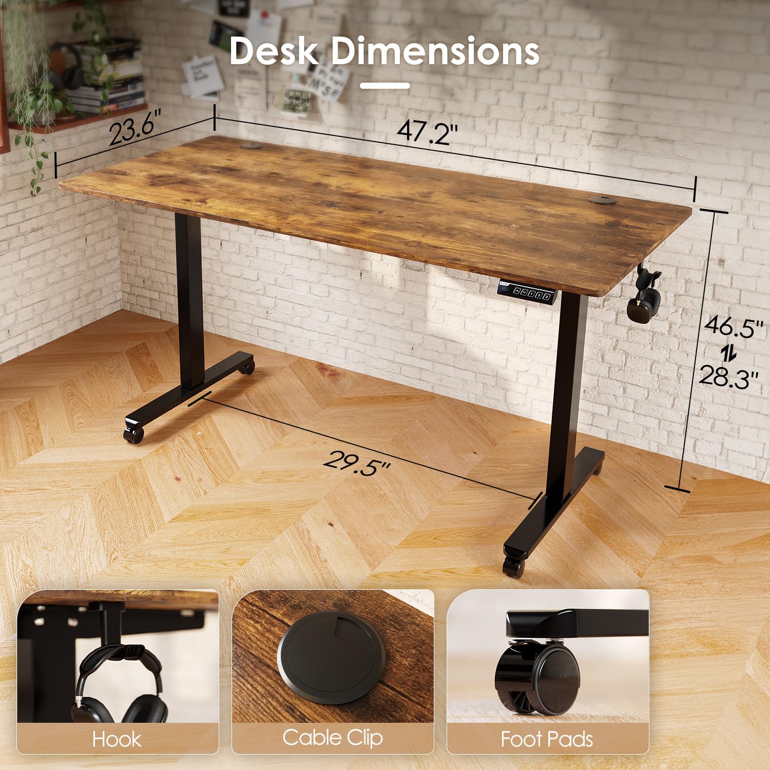 Escritorio eléctrico de pie ajustable en altura, 48 x 24 pulgadas, ergonómico para oficina en casa, escritorio para sentarse o ponerse de pie (marco de acero negro, parte superior marrón 2