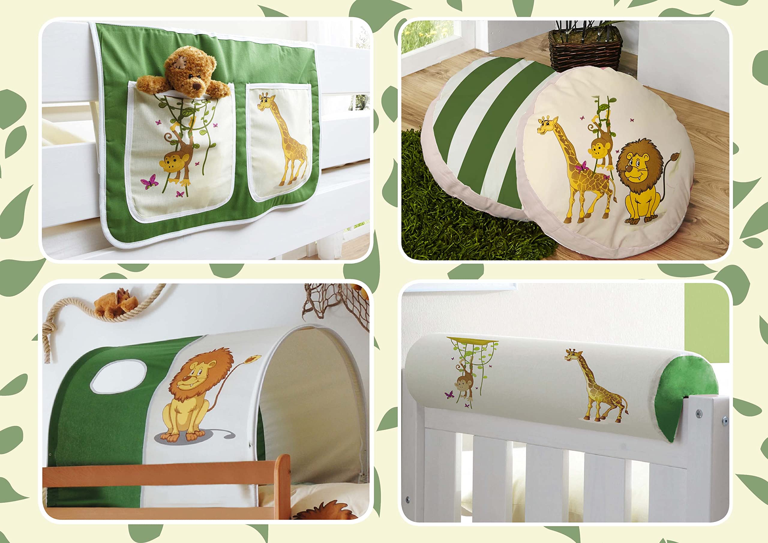 TiCAA Kinder Hochbett Zubehör Set – 4-teilig (Tunnel, 2 Kissen, Bett-Tasche, Nackenrolle)
