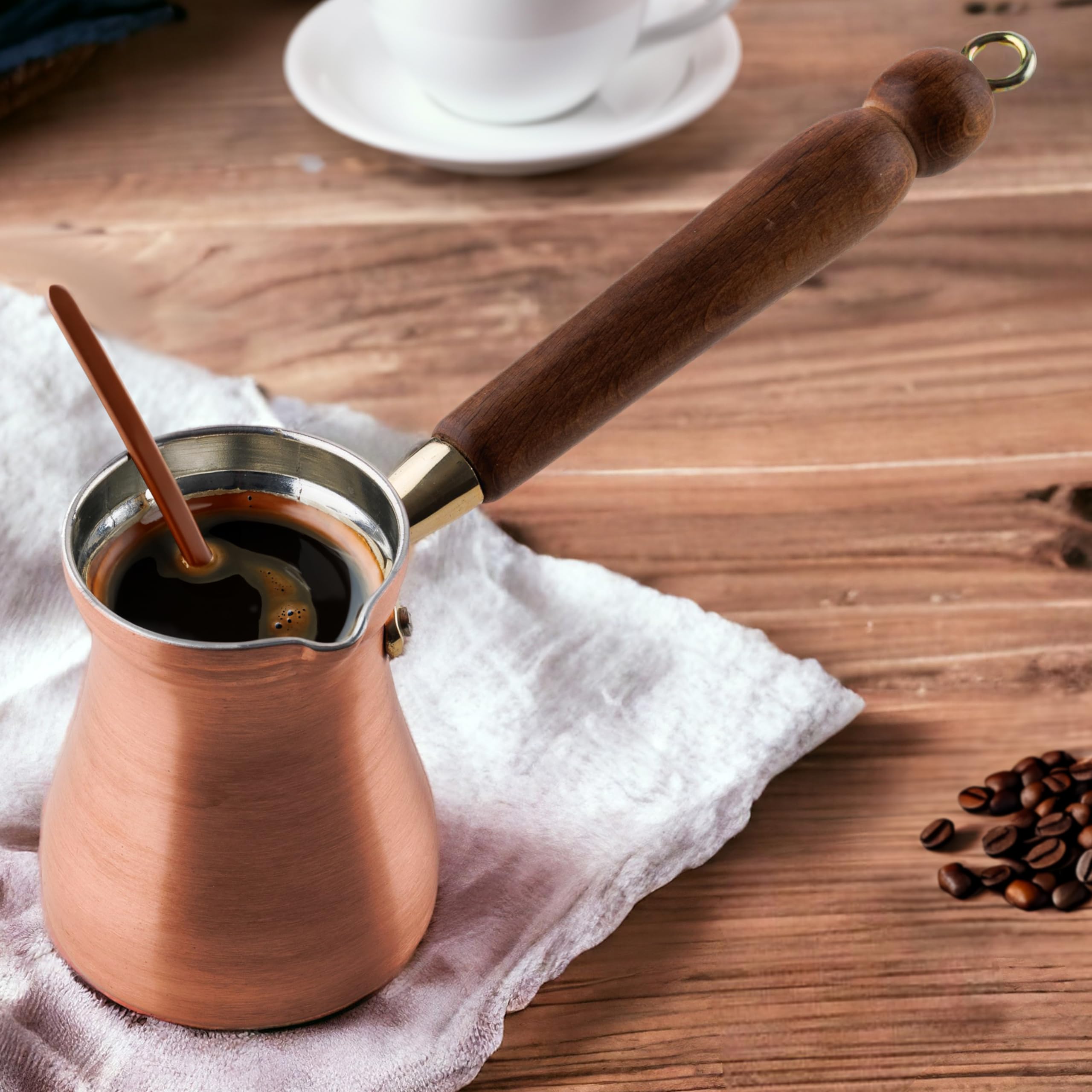 DEMMEX - Massief geborsteld koper Turkse koffiepot Cezve Ibrik Briki, Grieks Arabisch koffiezetapparaat op de kookplaat, houten handvat en tinnen voering, 100% handgemaakt (koper, 240ml/2-3 stuks DEMMEX - Massief geborsteld koper Turkse koffiepot Cezve Ibrik Briki, Grieks Arabisch koffiezetapparaat op de kookplaat, houten handvat en tinnen voering, 100% handgemaakt (koper, 240ml/2-3 stuks
