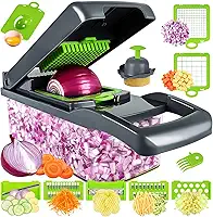 Cortador de legumes, cortador de cebola profissional, multifuncional 16 em 1, cortador de fatiador de vegetais de cozinha, cortador de vegetais com 8 lâminas, picador de cenoura e alho com recipiente