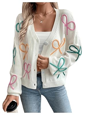 WDIRARA Womens Bow Cardigan Button Down V Neck Long Sleeve Drop Shoulder Knit Sweater