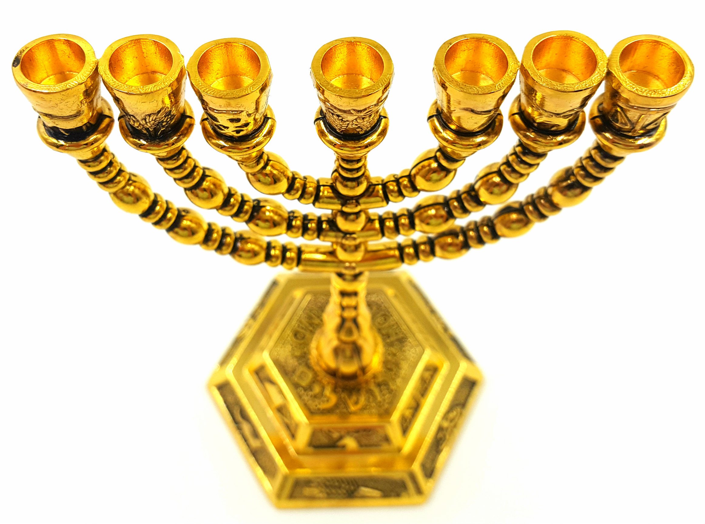 7 Branch Temple MENORAH Candle Holder in Gold 12 Tribes of Israel Hexagonal Base Holy Land Gift