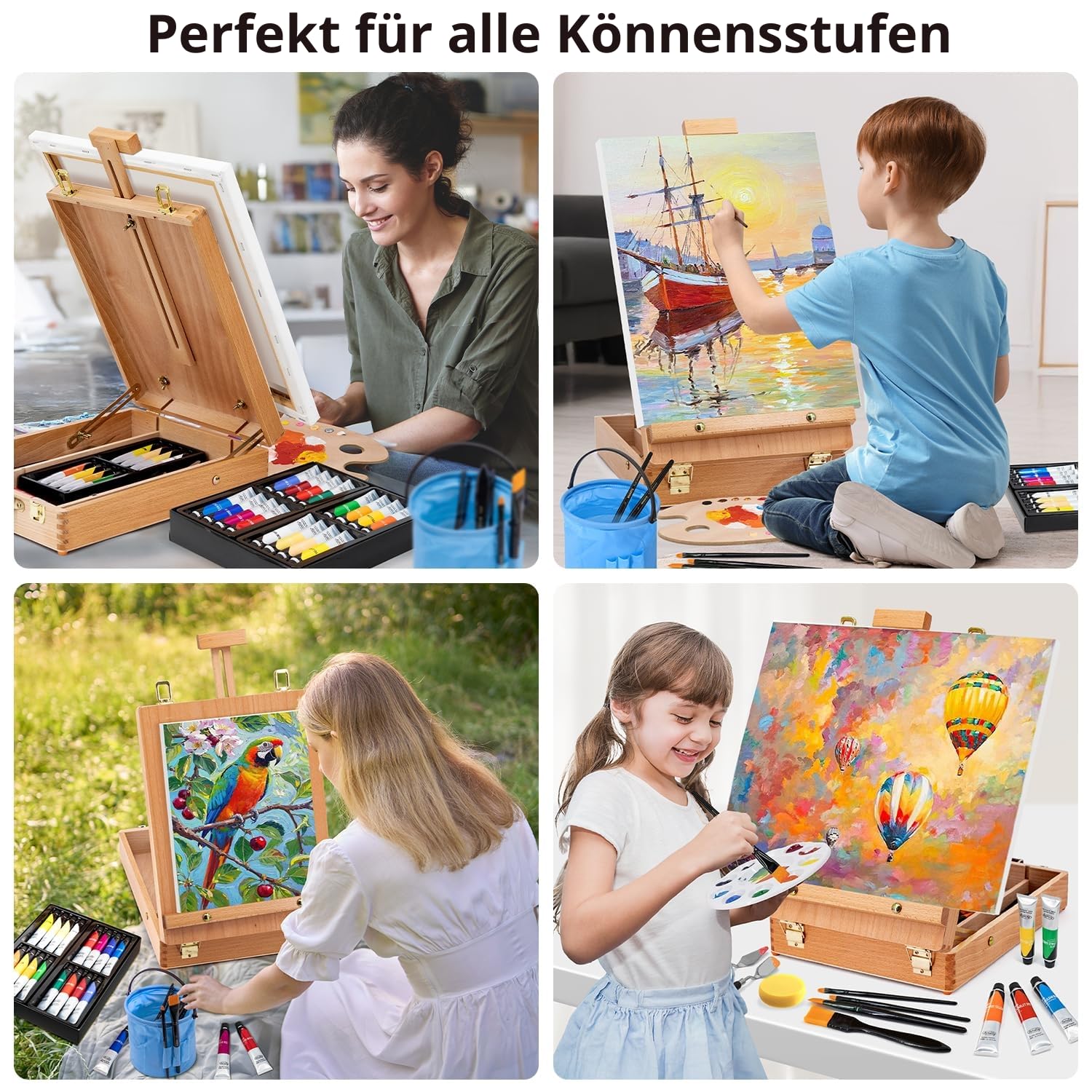 66-teiliges Acrylmalset mit Tischstaffelei, 32 Acrylfarben (je 22 ml), Pinselset mit Etui, Leinwänden – Komplettes Künstlerbedarfset für Erwachsene, Künstler und Anfänger