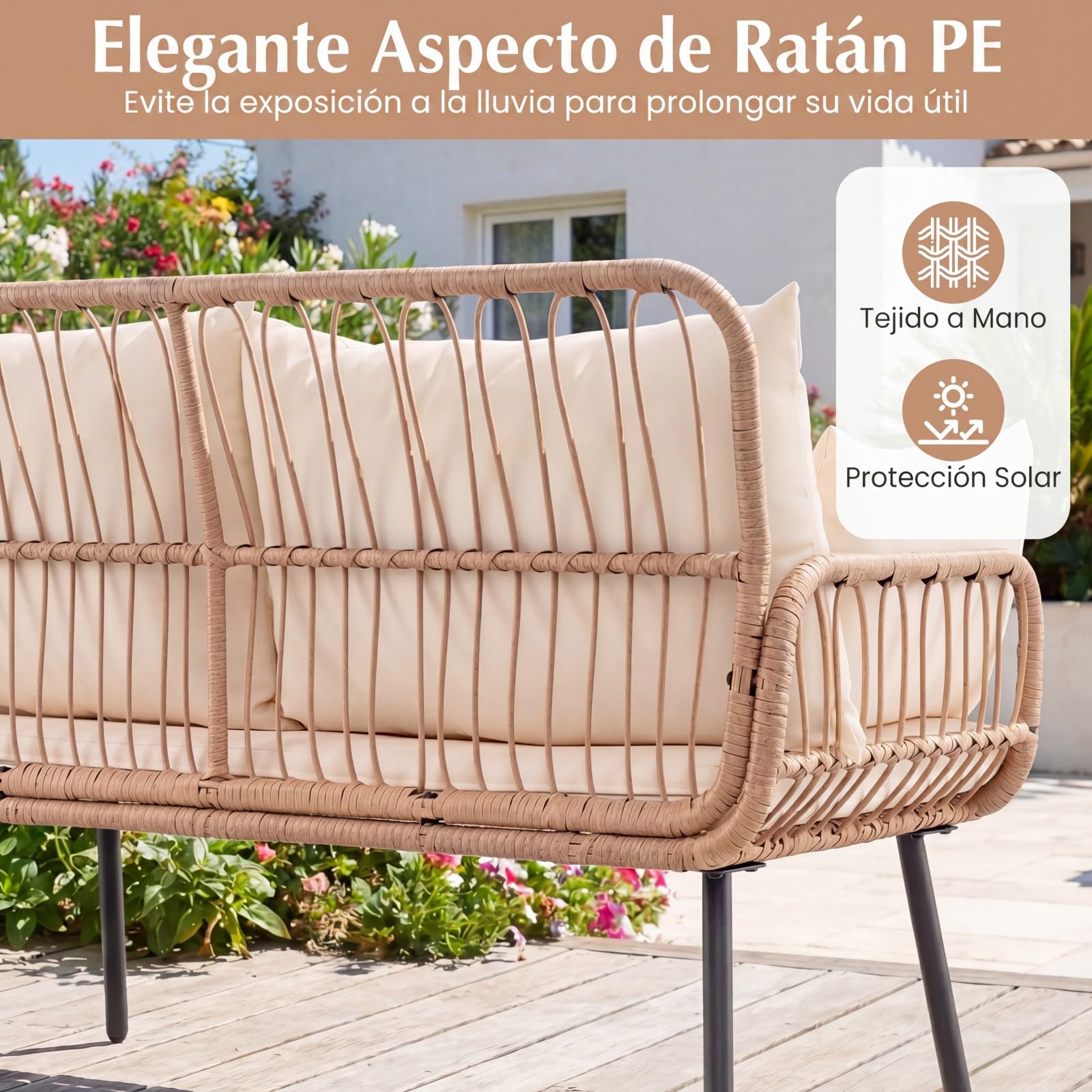 COSTWAY Sofá de 2 Plazas de Exterior, Sillón de Ratán PE para 2 Personas con Cojines, Almohadas y Estructura Metálica, Silla Banco de Jardín para Patio Porche Piscina, Carga 300 kg, 118 x 62 x 81 cm