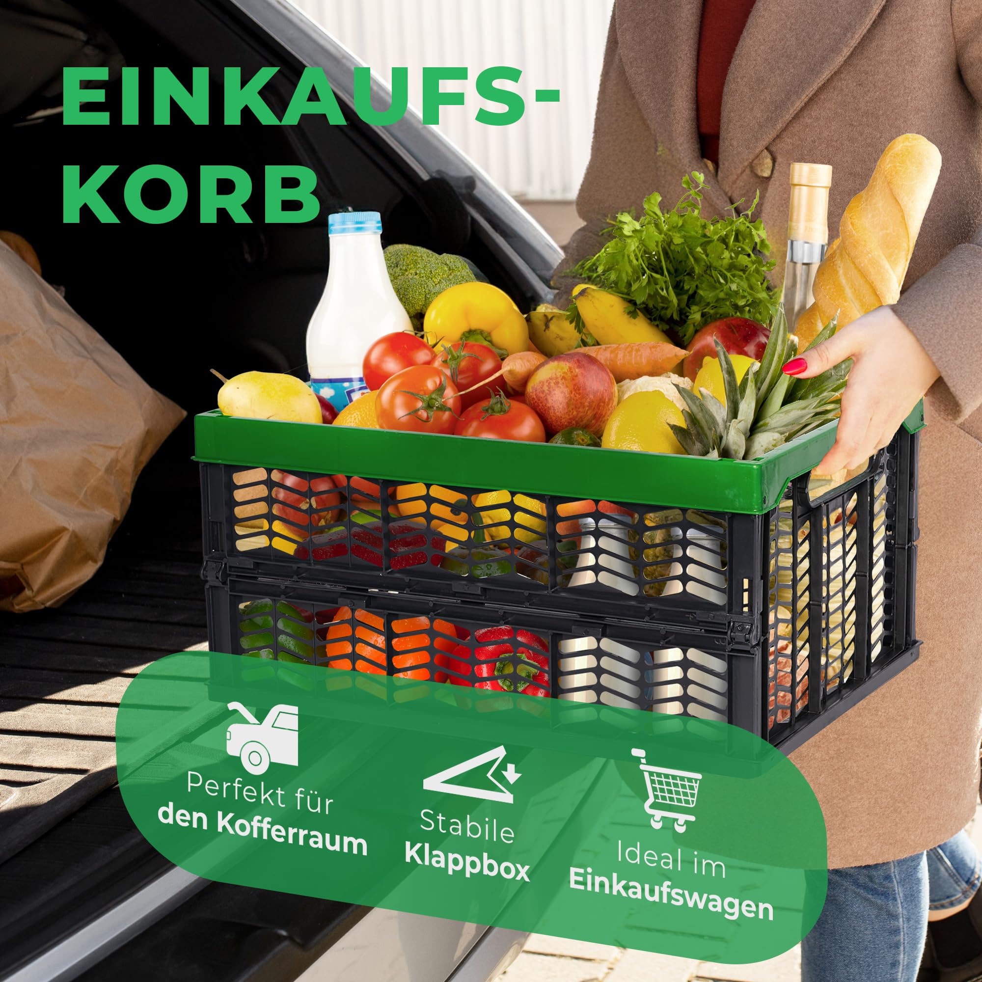 Novaliv Klappboxen faltbar stabil 6x 30L Grün Schwarz baskets Einkaufskiste Klappkisten Set Tragebox Aufbewahrung Einkaufskörbe Körbe Aufbewahrung Küche
