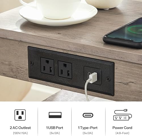 Miniatura 67 de HOOBRO Mesa auxiliar con estación de carga y puertos USB, mesita de noche de 3 niveles con estantes ajustables, mesa auxiliar pequeña para espacio