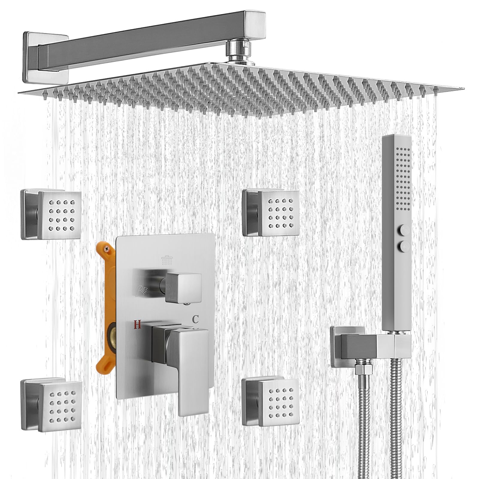 RUMOSE Rainfall Shower System with 4 Body Jets Wall Mounted 4 Mode Shower Faucet Set with 12 Inch Rain Shower Head and 2 in 1 Handheld Spray, Brushed