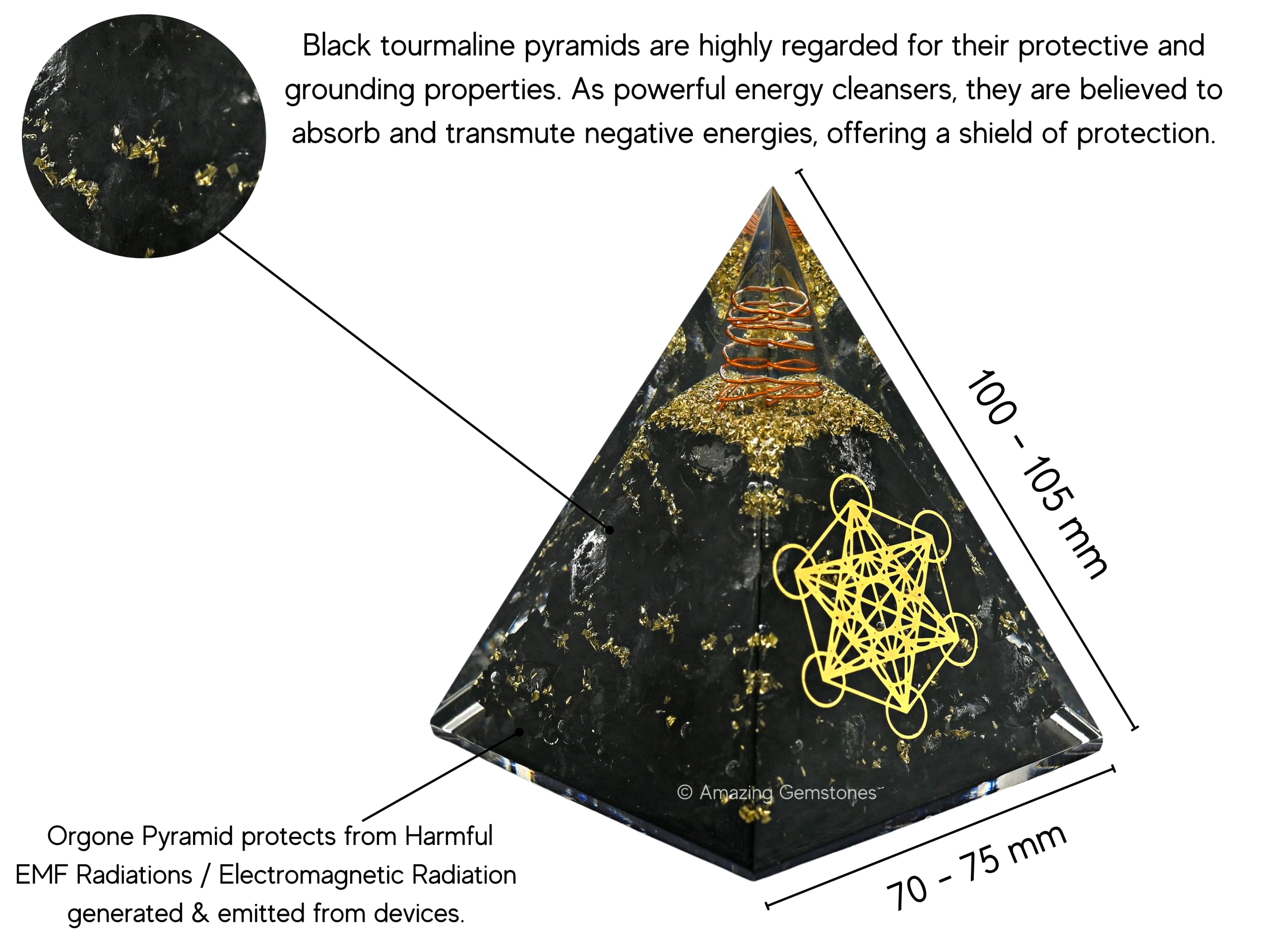 Amazing Gemstone Organite Orgone Pyramid Extra Large 105 MM - Metatron Cube Orgone Energy Pyramid with Black Tourmaline Crystals and Healing Stone - Orgonite Pyramids Crystals and Positive Energy