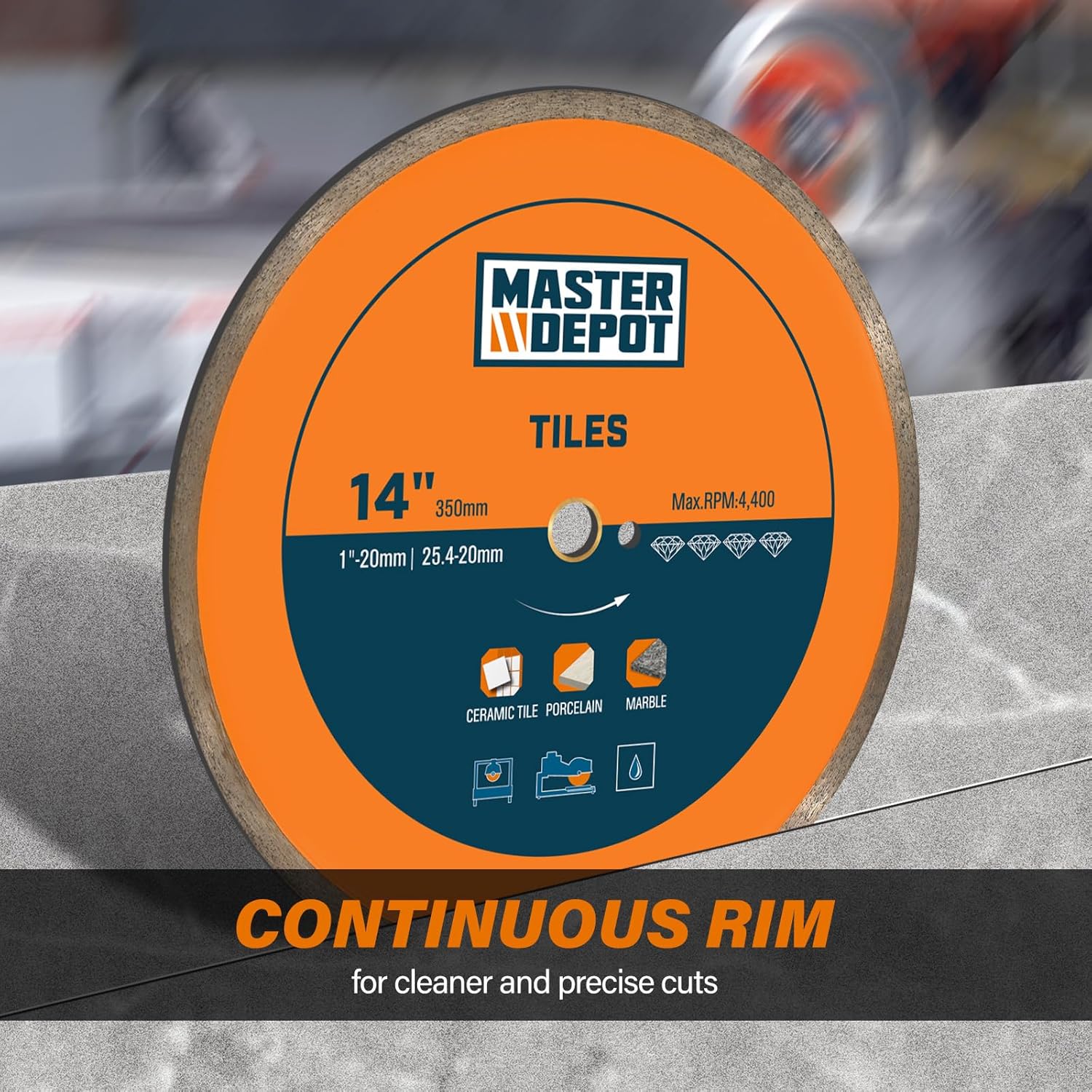 14" Continuous Rim Diamond Blade, Cutting Blade for Ceramic and Granite Tiles, Wet Cutting Blade with 7/8" Arbor Hole