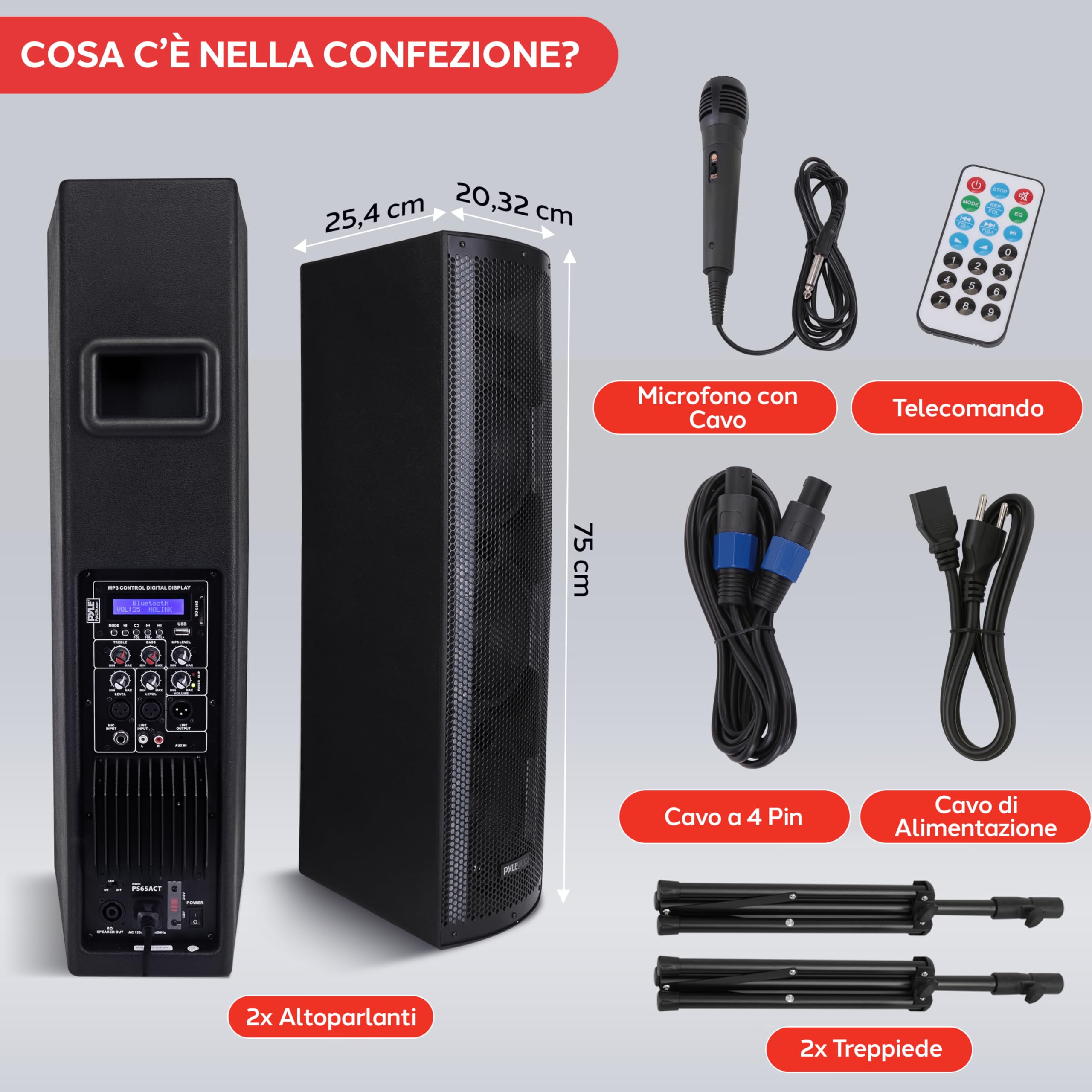 Pyle Casse Bluetooth Portatili, 3 Vie, Altoparlante Bluetooth Attivo e Passivo, Sistema PA Portatile con Ingresso Microfono, Speaker con Luci per Feste, Treppiedi, Radio FM, Telecomando, Nero