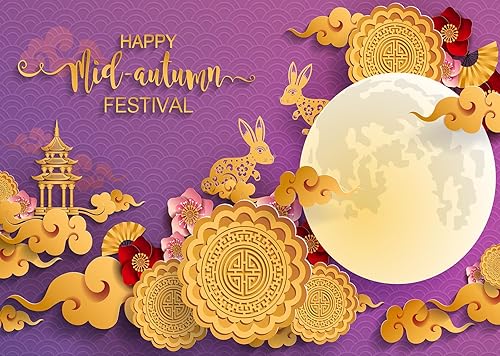 Miniatura 8 de Loccor Telón de fondo de festival de mediados de otoño de 5 x 3 pies, faroles rojos, pastel de luna, conejos, flores, luna llena, fotografía, fondo,