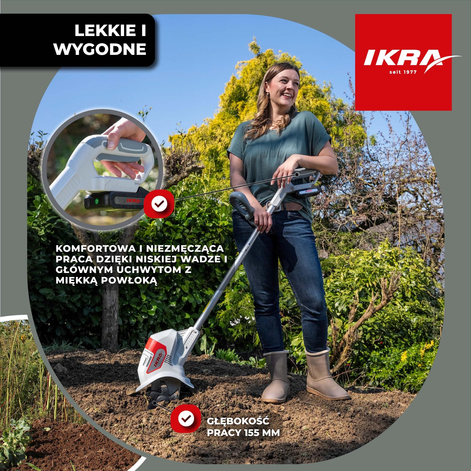 IKRA Glebogryzarka IAMH 20, szerokość robocza 19cm, akumulator, ładowarka | Spulchnia glebę, głębokość do 15,5cm, lekka, kompaktowe przechowywanie, kompatybilna z rodziną akumulatorów IKRA 20 V