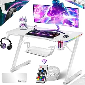 KESSER® Mesa Gaming | 100 x 60 cm | Incl. LED | Escritorio para Gamer en Forma de Z | Soporte para Auriculares | Mesa ergonómica para Ordenador | Incl. Alfombrilla de ratón y Soporte