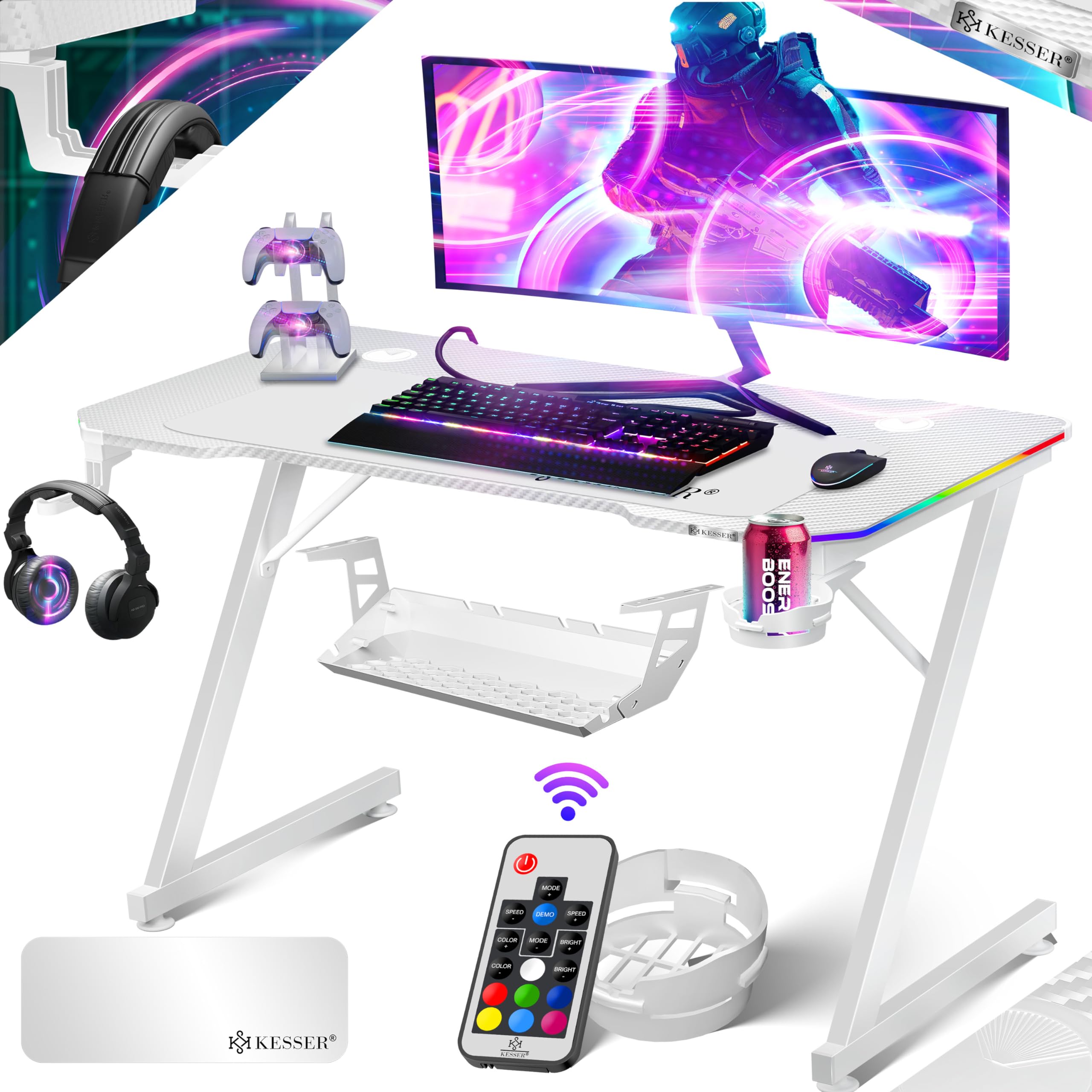 KESSER® Mesa Gaming | 100 x 60 cm | Incl. LED | Escritorio para Gamer en Forma de Z | Soporte para Auriculares | Mesa ergonómica para Ordenador | Incl. Alfombrilla de ratón y Soporte