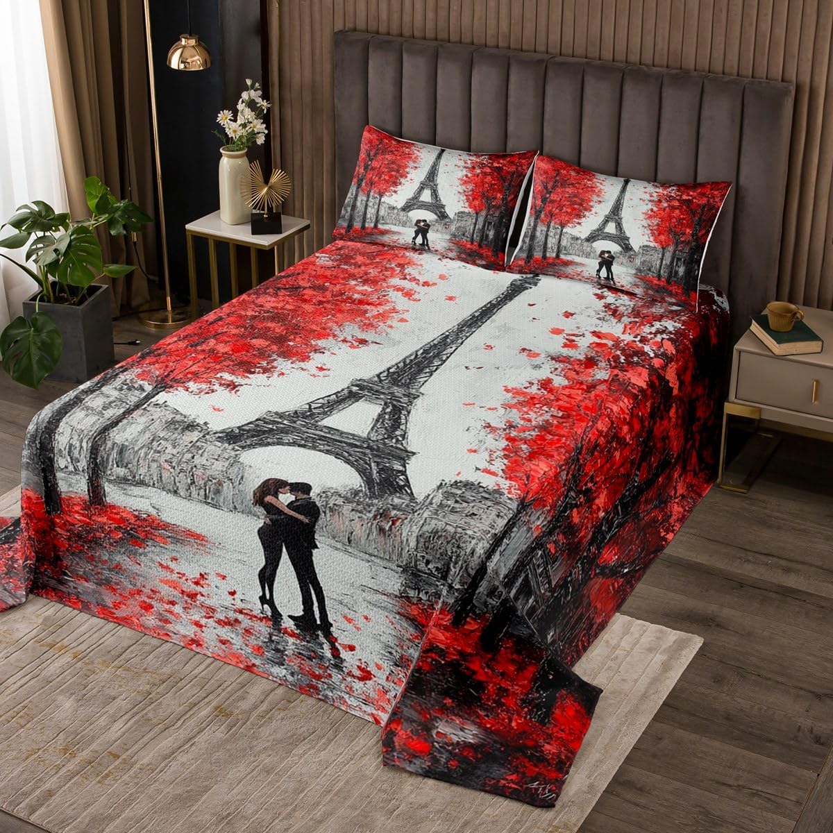 Feelyou Paris Coverlet Set Eiffel Tower Bedspread for Kids Boys Girls Cherry Blossoms Bedspread Retro Grey Building Quilted Bedroom Collection 2Pcs Twin Size
