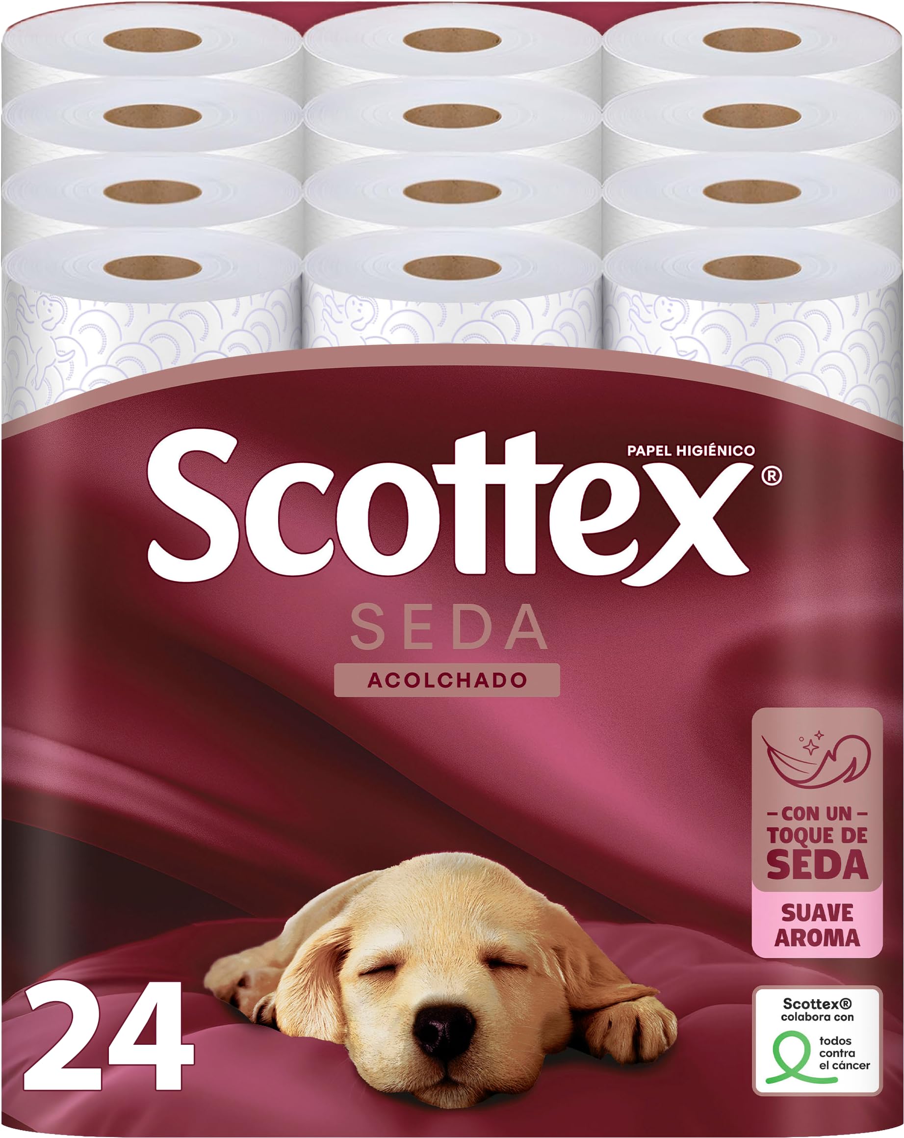 Scottex Papel Higienico - Scottex Seda Acolchado, Pack de 24 Rollos Grandes, Papel Higienico 3 capas, Textura acolchada, Suave fragancia