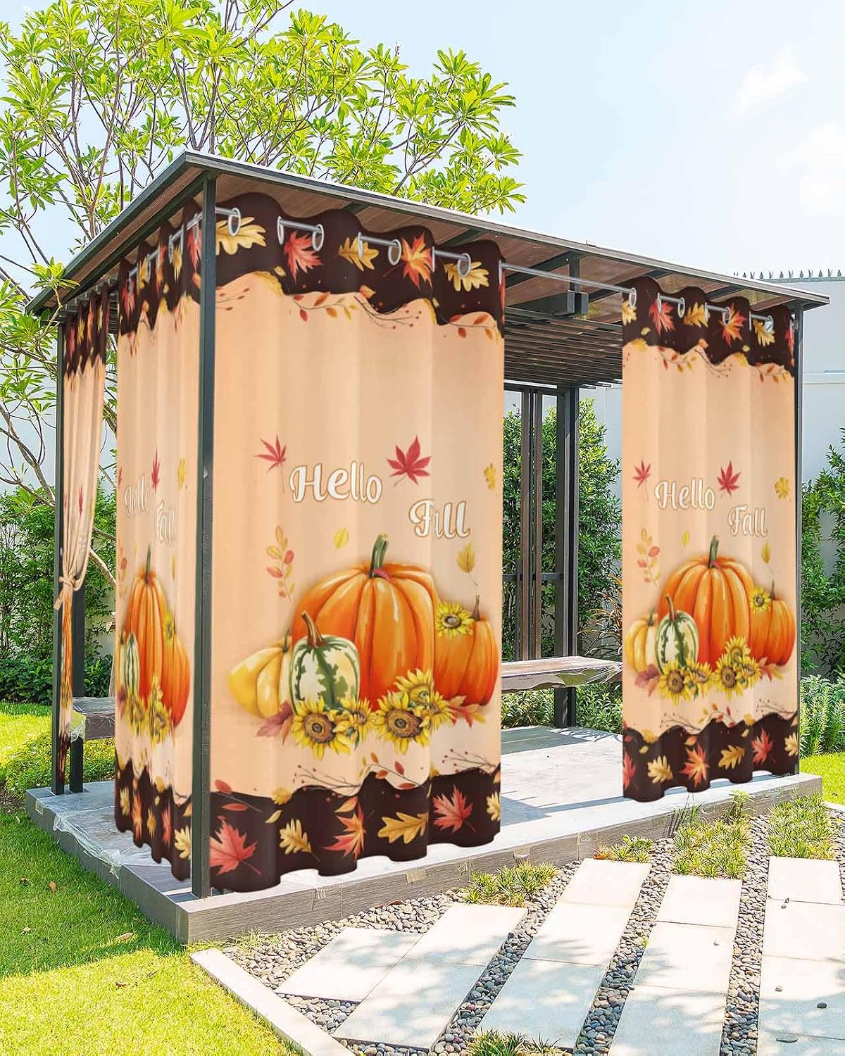 Outdoor Curtains for Patio 1 Panel Thanksgiving Pumpkin Sunflower Retro Orange Waterproof Privacy Outside Curtain Sun Blocking Grommet Blackout Drapes for Porch Gazebo Pergolas Balcony 52x84 Inch
