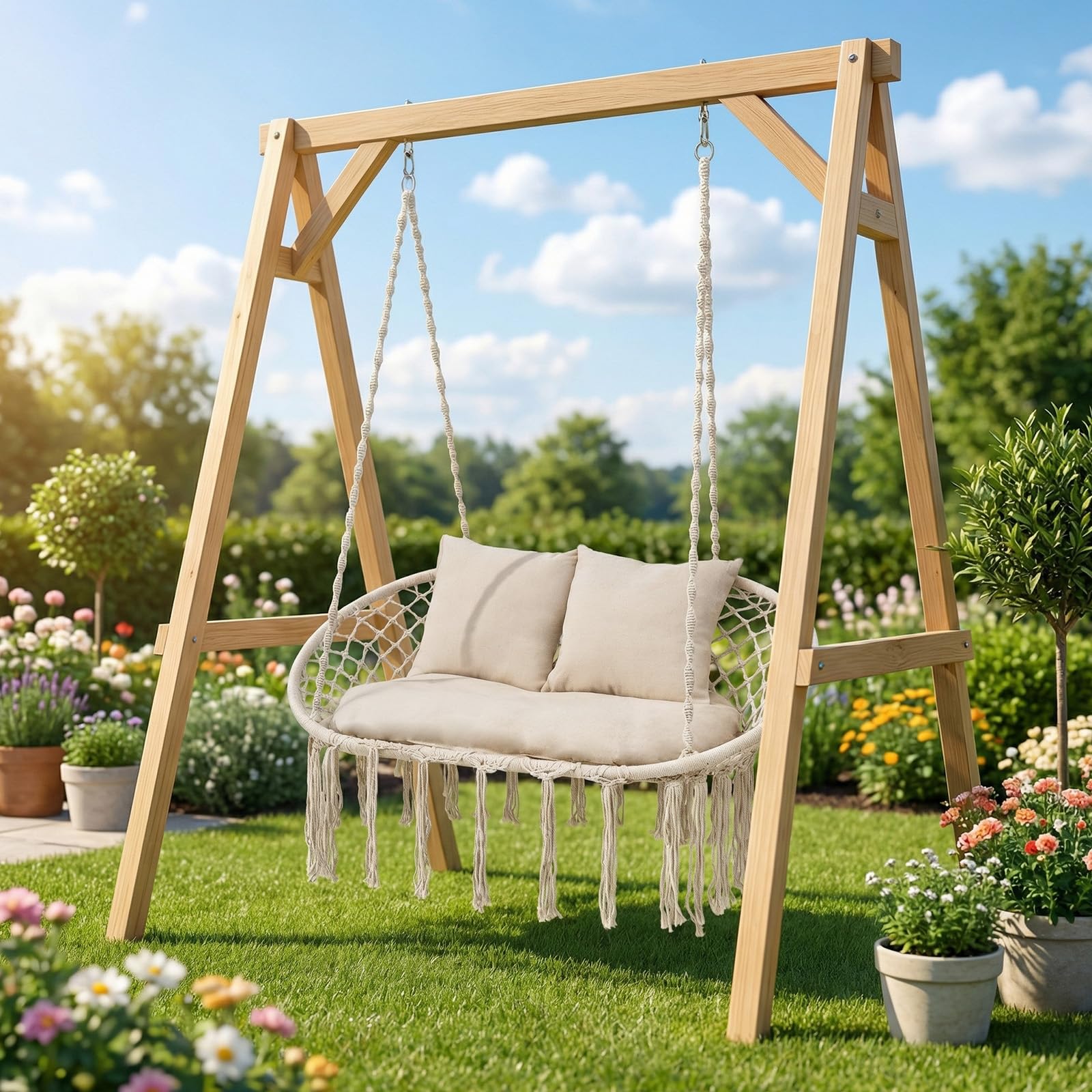 COSTWAY Silla Hamaca Colgante, Columpio de 2 Plazas con Flecos, Cojines y Estructura Metálica, Asiento Doble de Estilo Bohemio, Uso Interior Exterior para Patio Balcón Porche, Carga 250 kg, Beige
