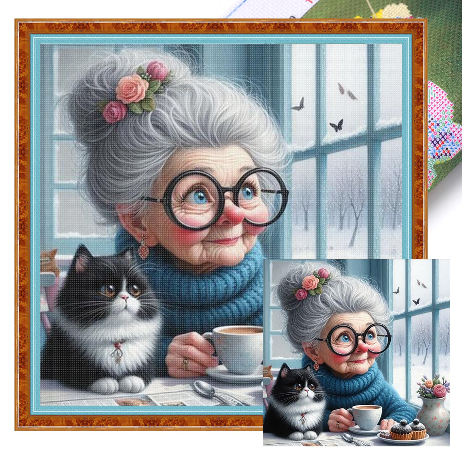 Poetrydraw 11Ctacc-11709__C__45x45 Grandma And The Kitten Full 11Ct Diy Stamped Cross Stitch Kits 45X45cm For Adult (11Ctacc-11709 C 45X45)