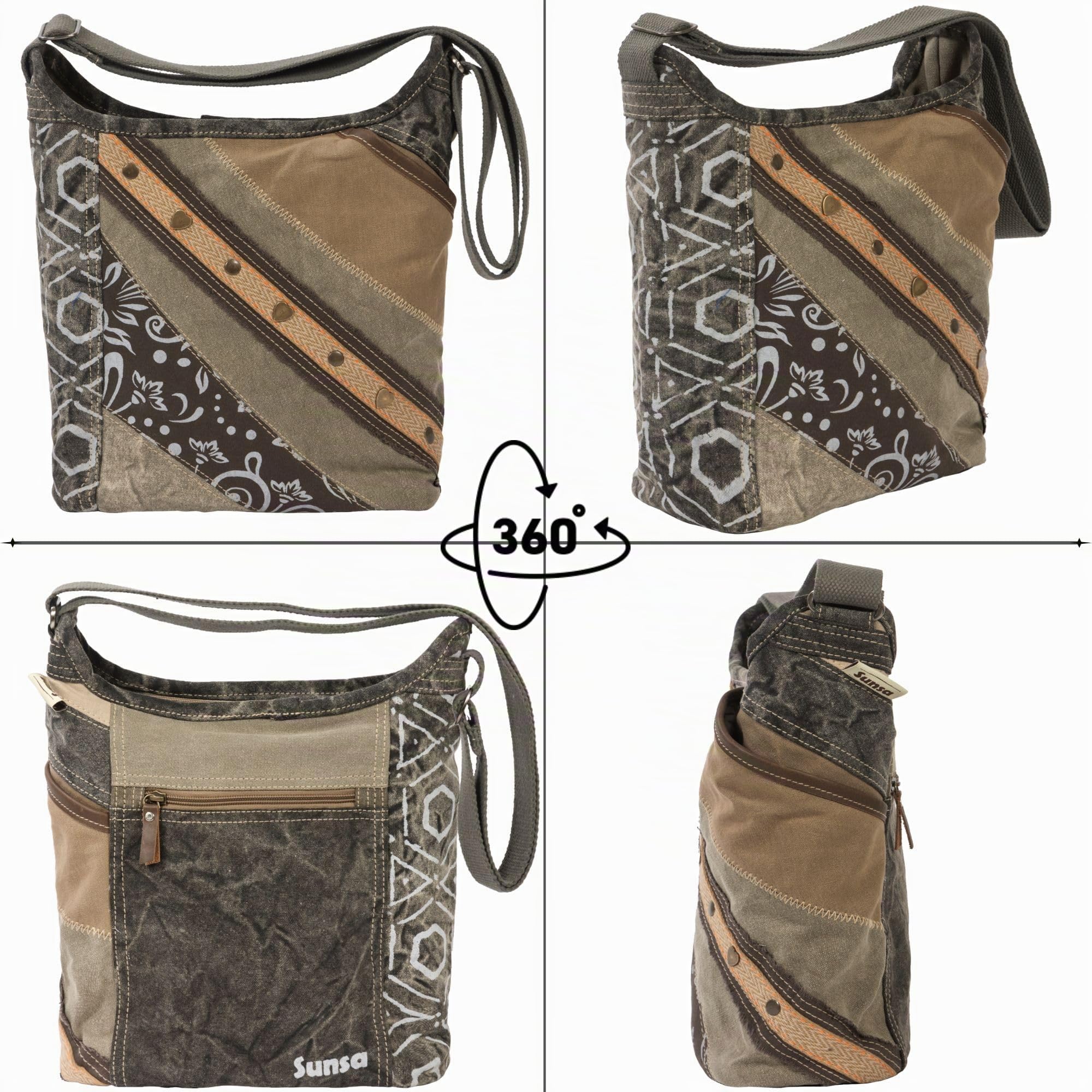 Sunsa Damen Hobo Tasche. Patchwork Umhängetasche aus Canvas & Leder Khaki