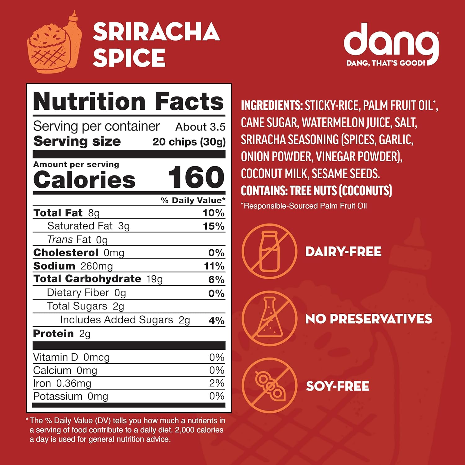 Dang Thai Rice Chips Sriracha Spice, Vegan, Gluten Free Crisps, Non GMO, Healthy Savory Snacks, Made with Whole Foods, 30% Less Fat, Resealable Individual Bags, 3.5 oz