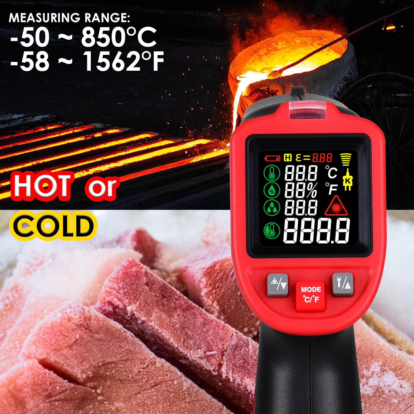 Termometro a Infrarossi Senza Contatto -50~850°C Puntamento Laser Sonda Termocoppia Tipo K Rilevamento UV