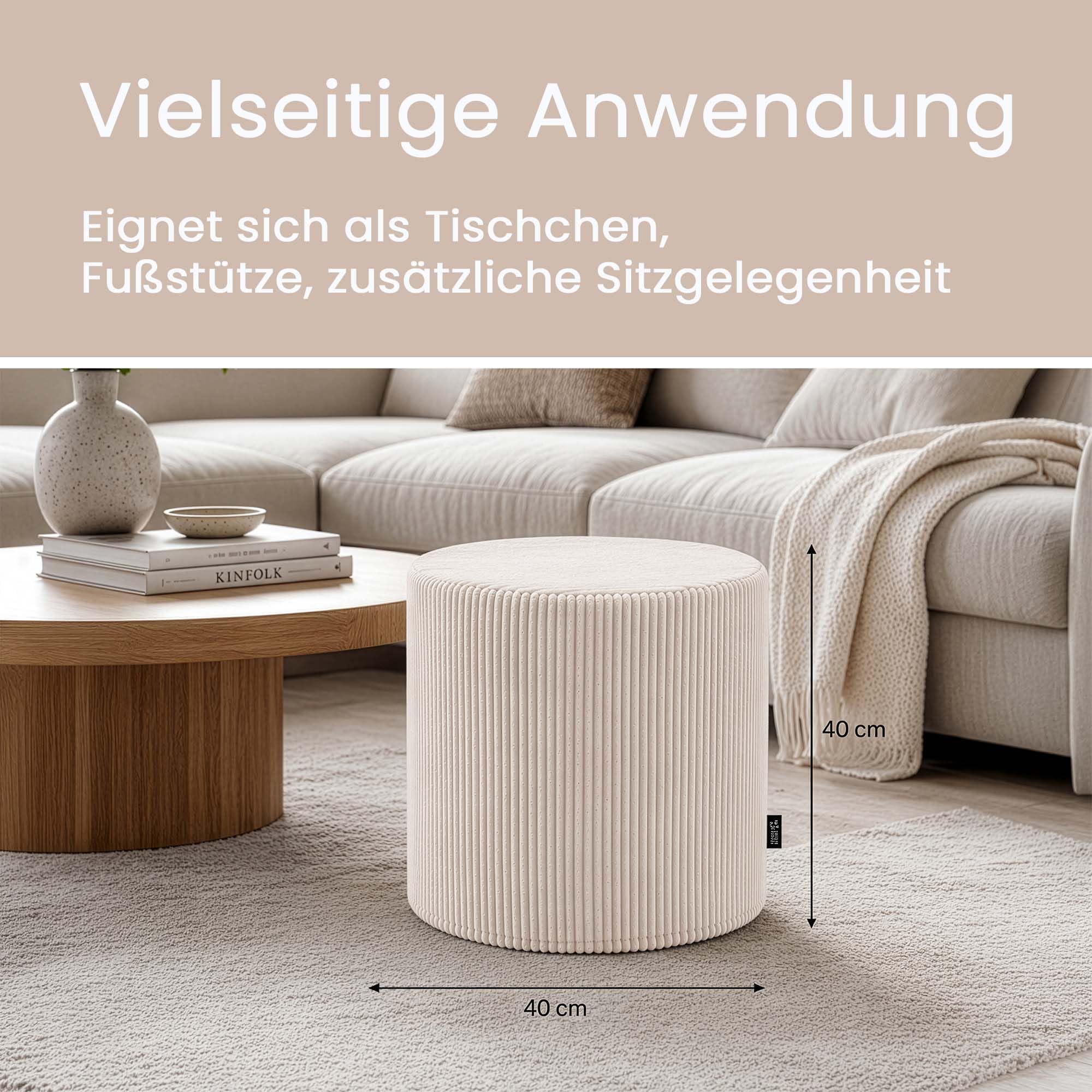 DreamRoots Cord Hocker Pouf, Rund Ø40x40 cm, Cremefarben
