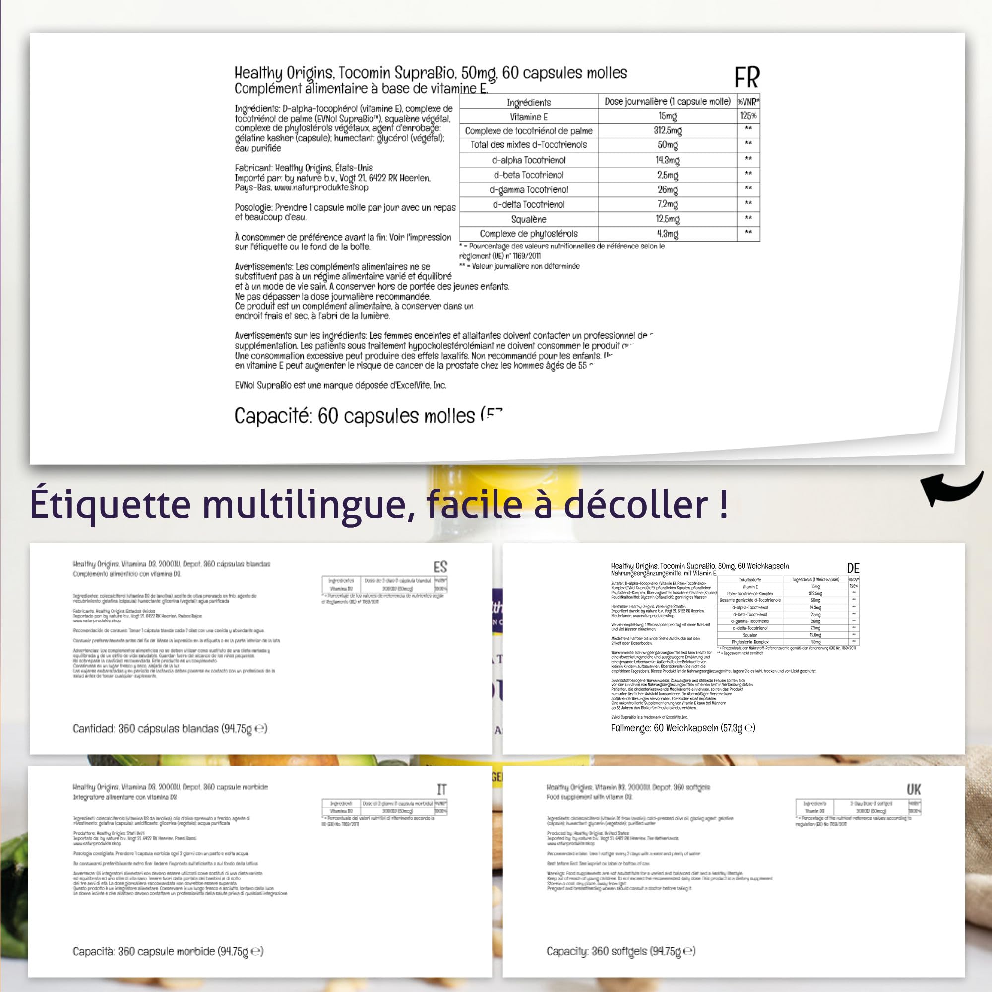 Healthy Origins, Natural Tocomin SupraBio, 50 mg, 60 Capsules molles, Testé en Laboratoire, Vitamine E, Sans Gluten, Sans Soja, Sans OGM