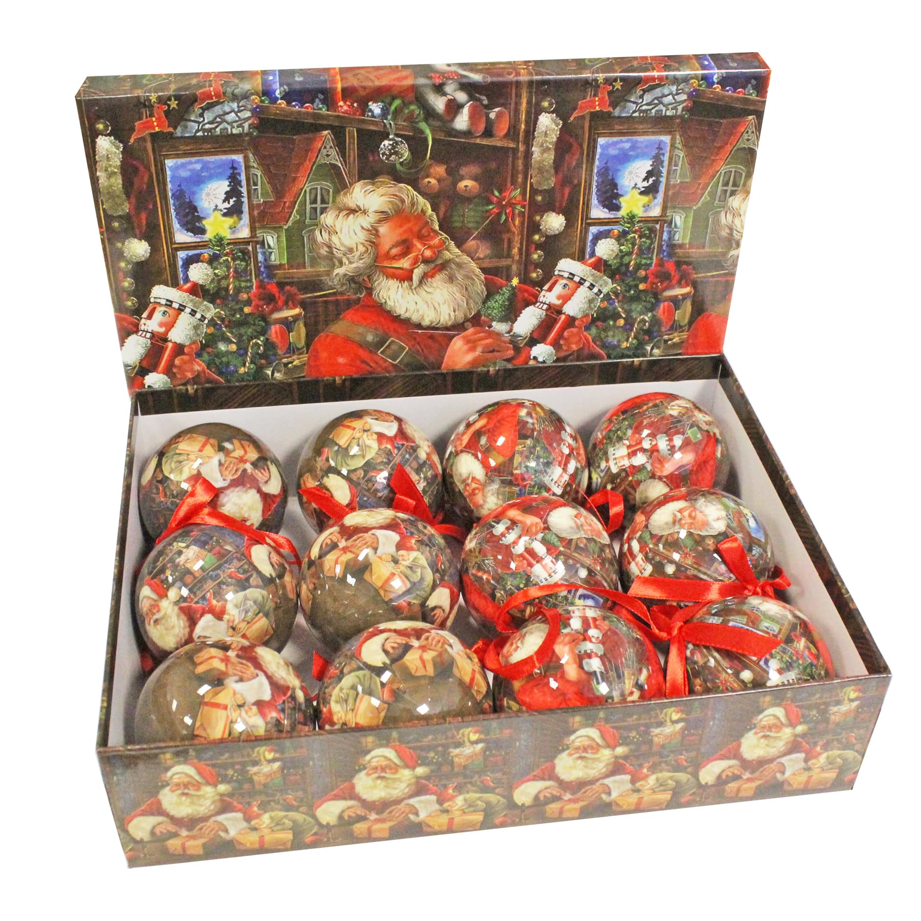 Christmas Shatterproof Baubles 12 Pack 75mm Tree Decoration Bauble In Matching Keepsake Box (Traditional Santa 3289)