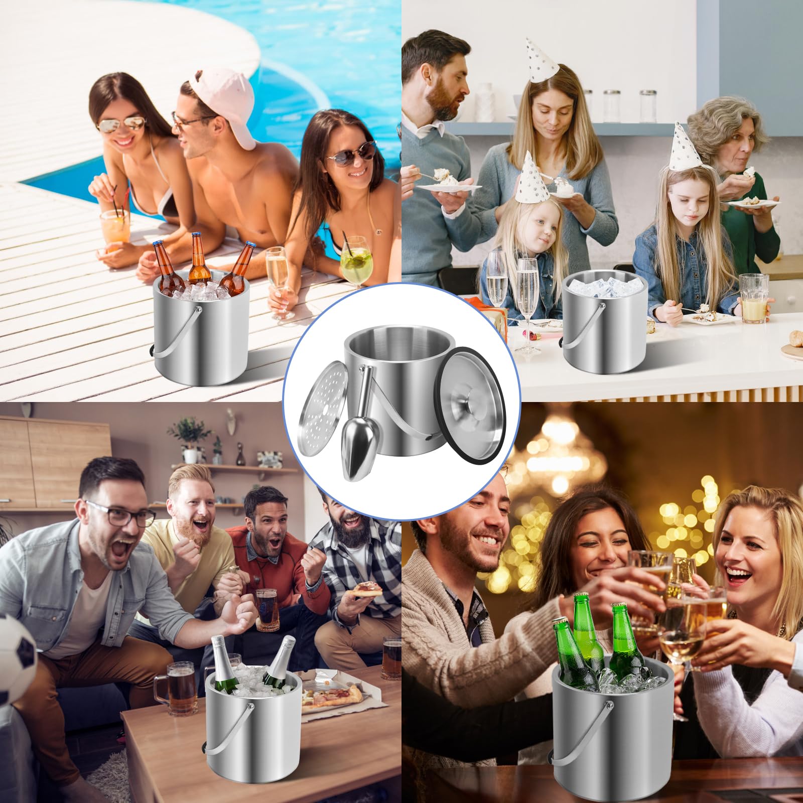 Cubitera de hielo de 4 litros con tapa y pinzas, cubo de hielo aislado de doble pared con colador de cuchara, cubos de hielo grandes de acero inoxidable para fiestas, hogar, bares, pubs