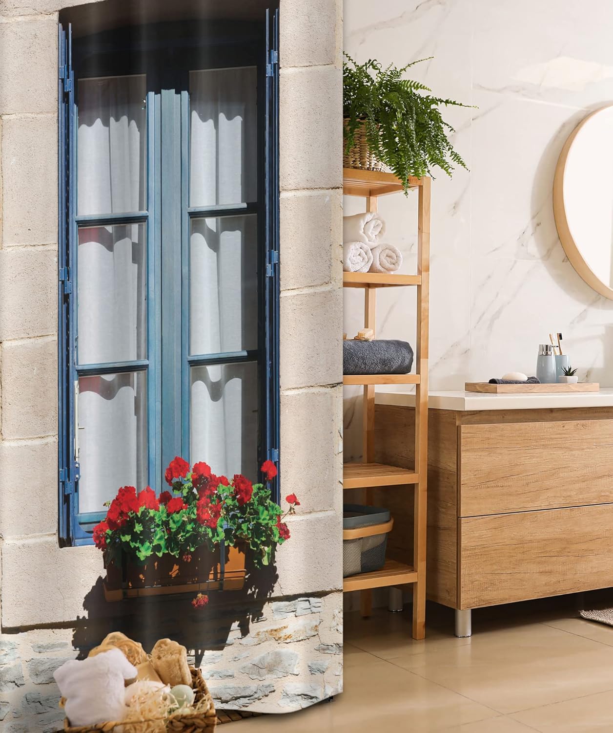 Ambesonne Country Stall Shower Curtain, Mediterranean Style Window Open Shutters Image French Urban Life Theme Print, Fabric Bathroom Decor Set with Hooks, 36" W x 72" L, Blue Grey