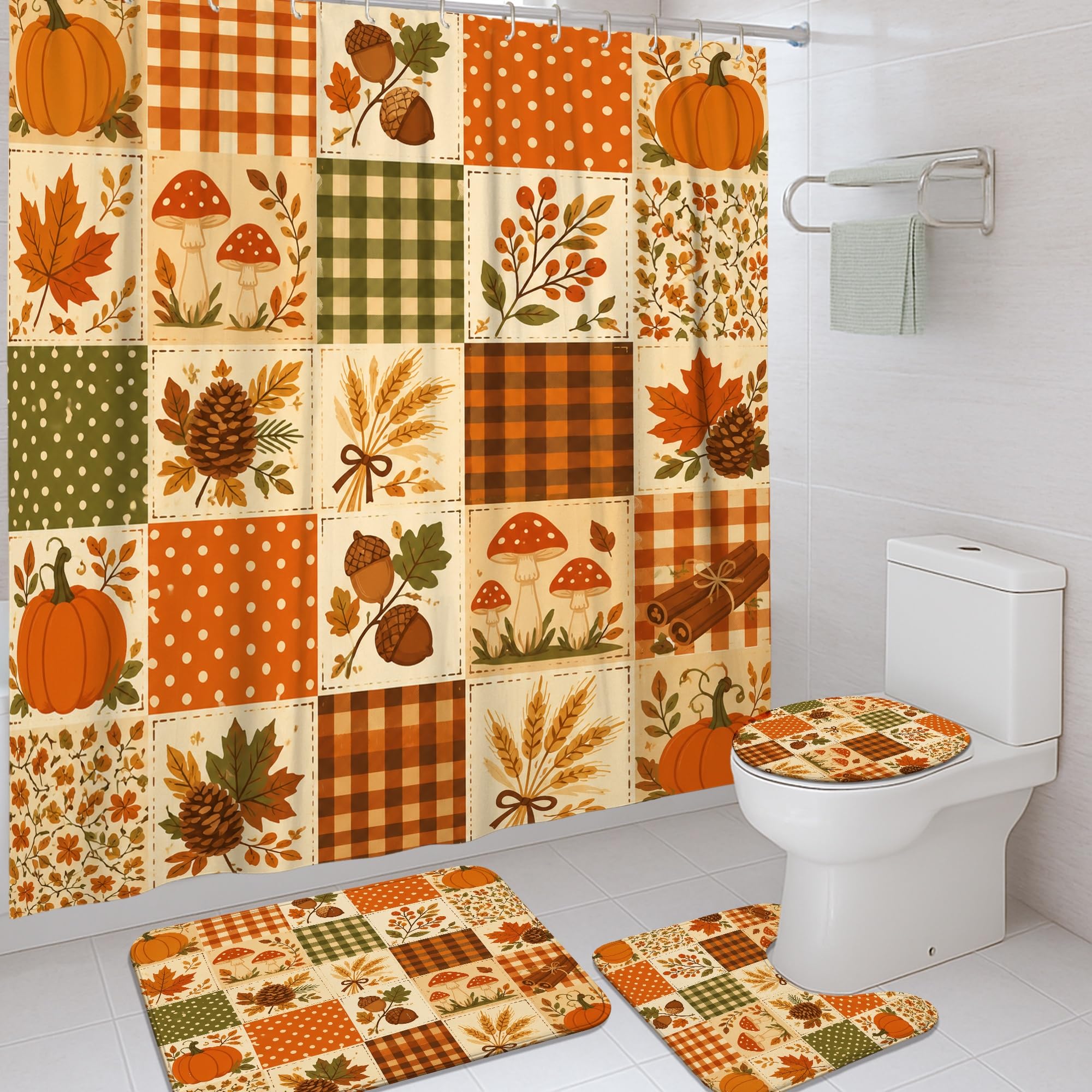 Rideau de douche citrouilles et tapis anti-éclaboussures pour salle de bain rustique
