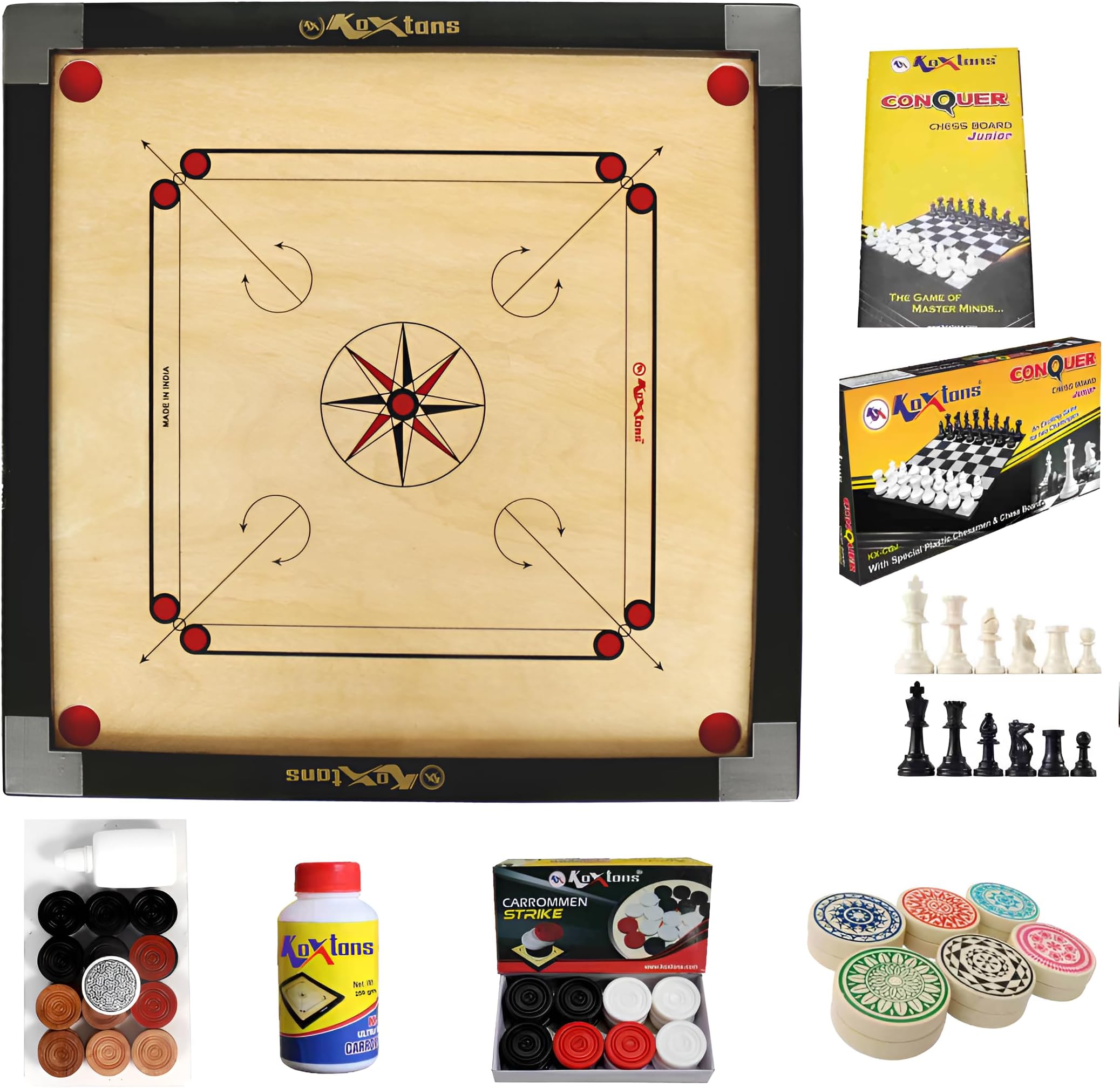 KOXTONS - Carrom Board 32 INCH Full Size with 1.5" Border & 3 mm Ply (Economy) with STRICKER & Accessories and Vista 14 INCH Chess Conquer Gift Set
